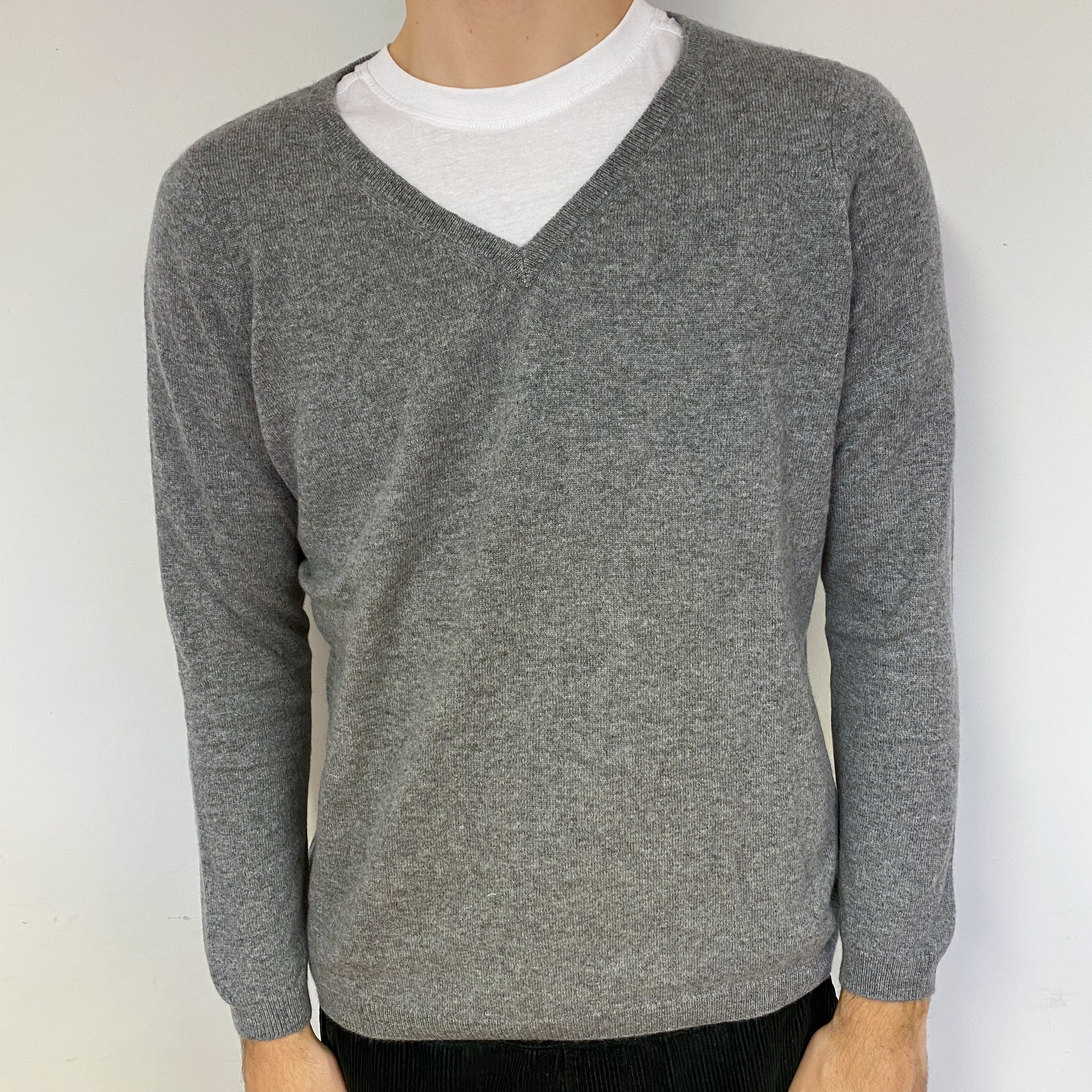 Men's Steel Grey Cashmere V-Neck Jumper Large