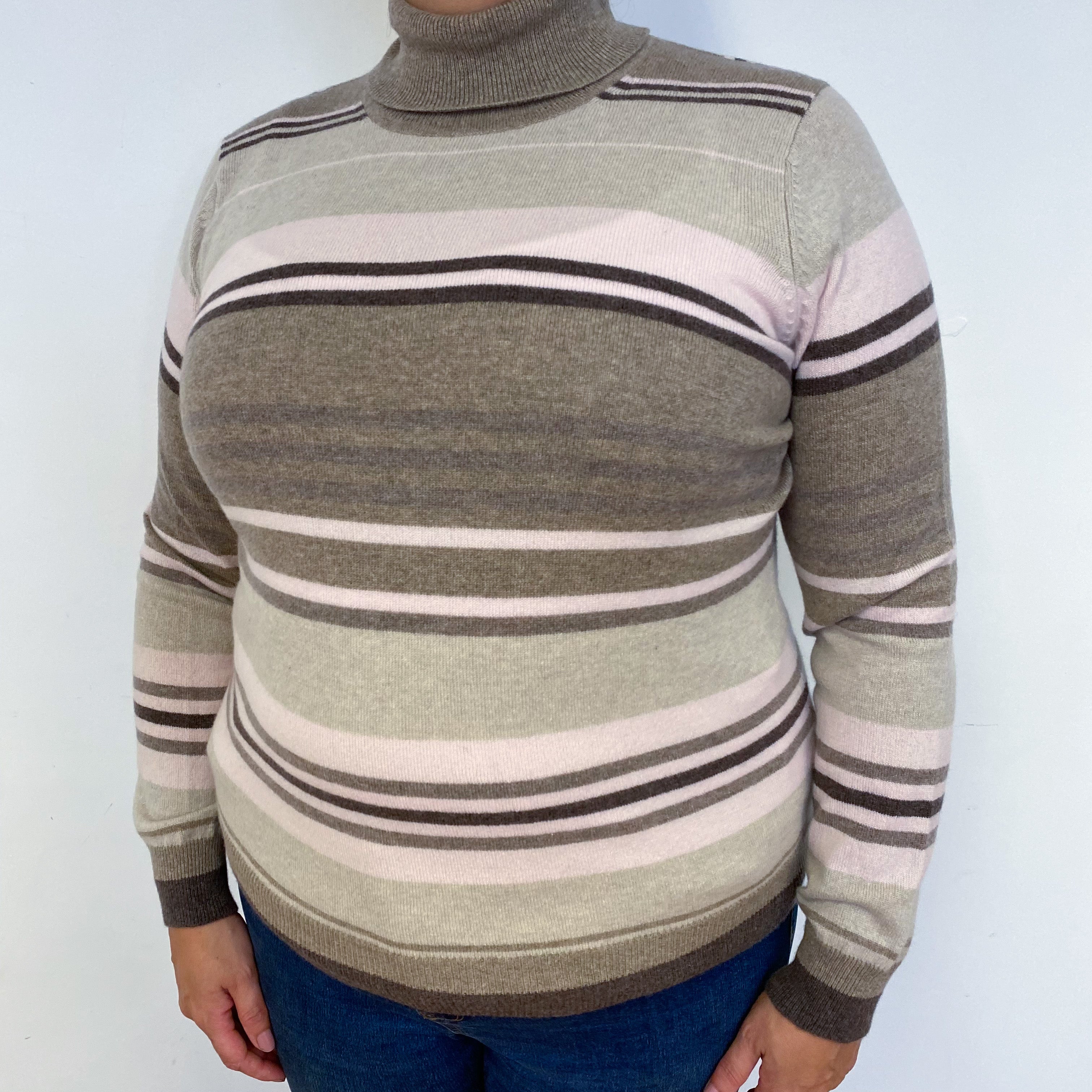 New Brown and Pink Striped Cashmere Polo Neck Jumper