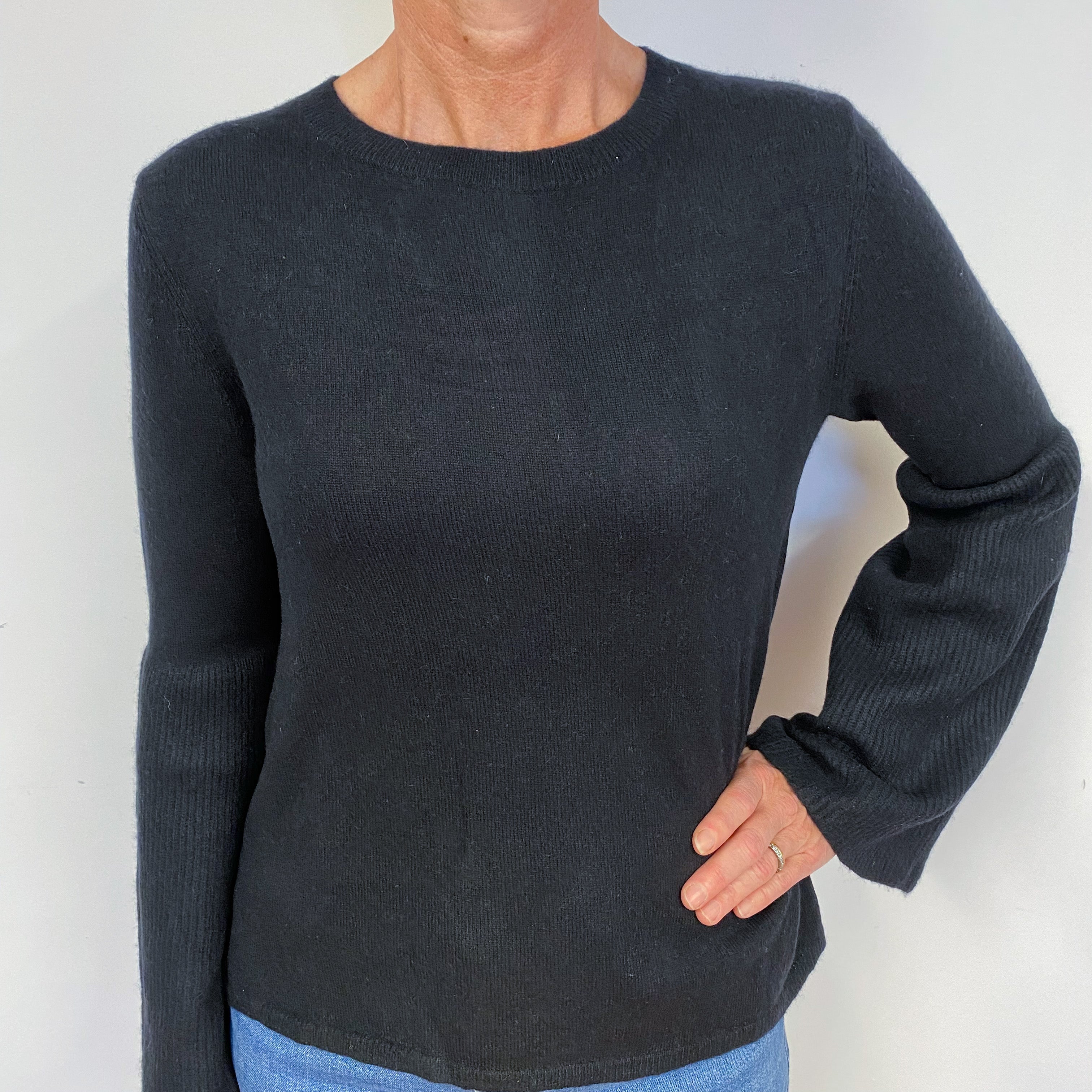 Black Flute Sleeve Cashmere Crew Neck Jumper