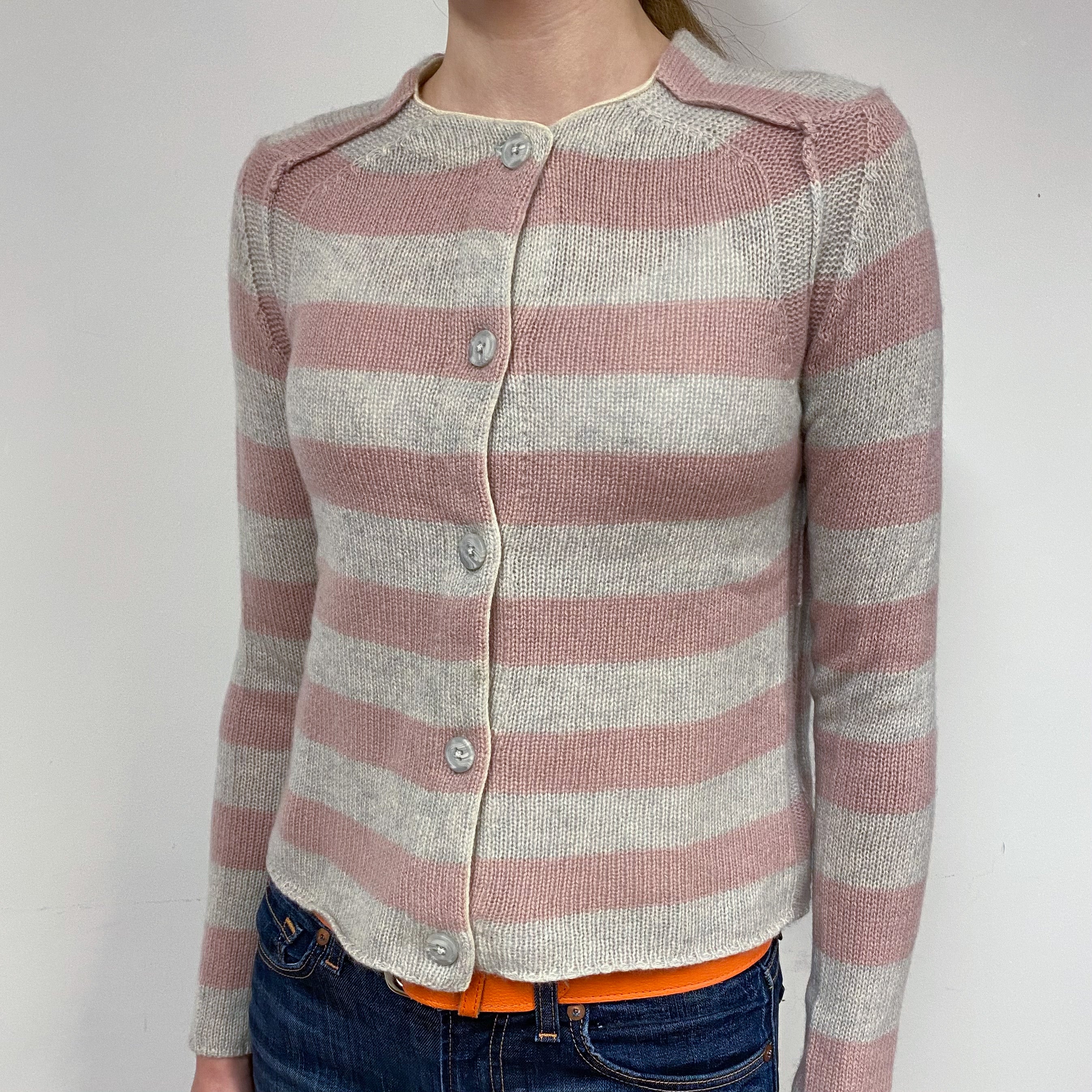 Dusky Pink Grey Stripe Cashmere Crew Neck Cardigan Extra Small