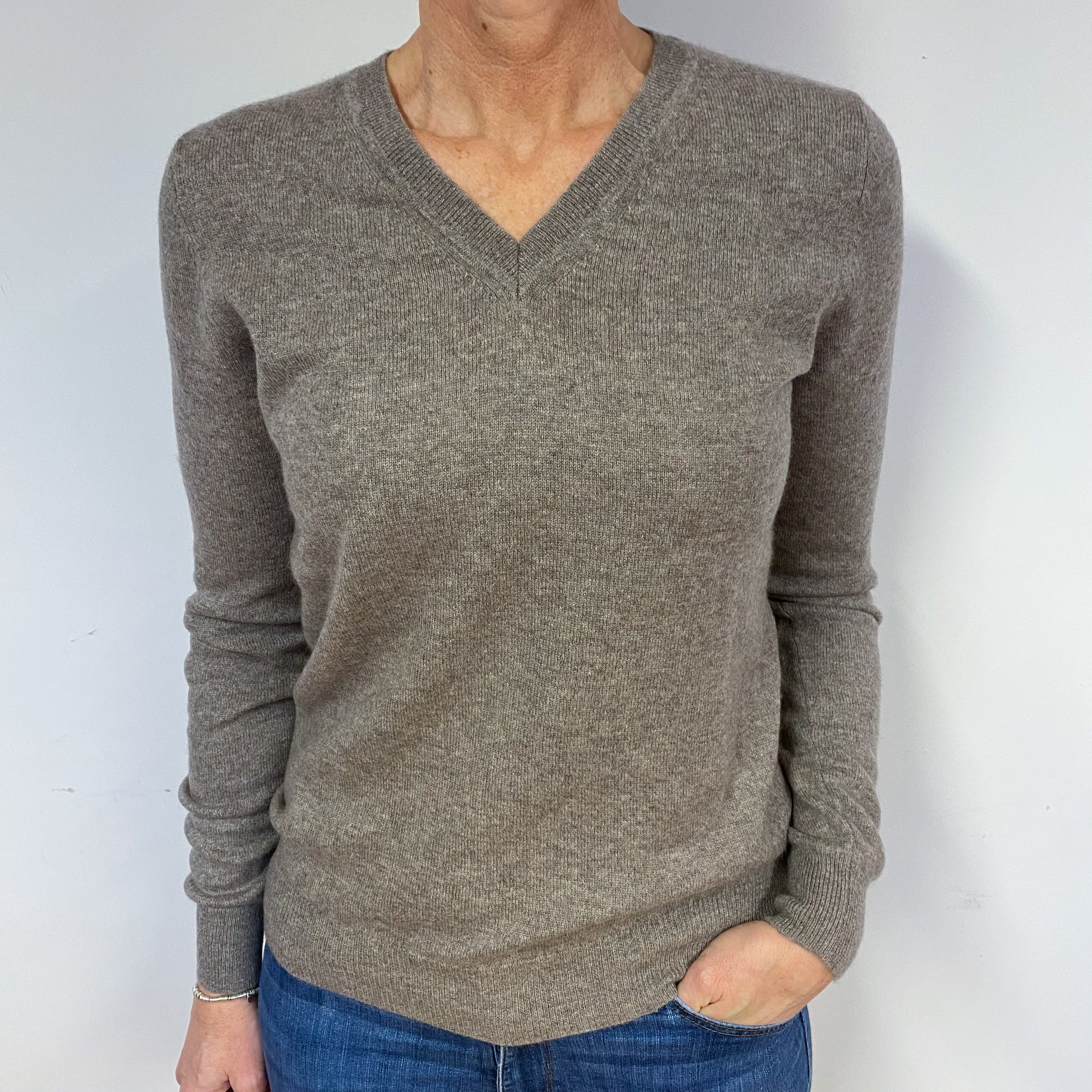 Mink Brown Cashmere V-Neck Jumper Medium