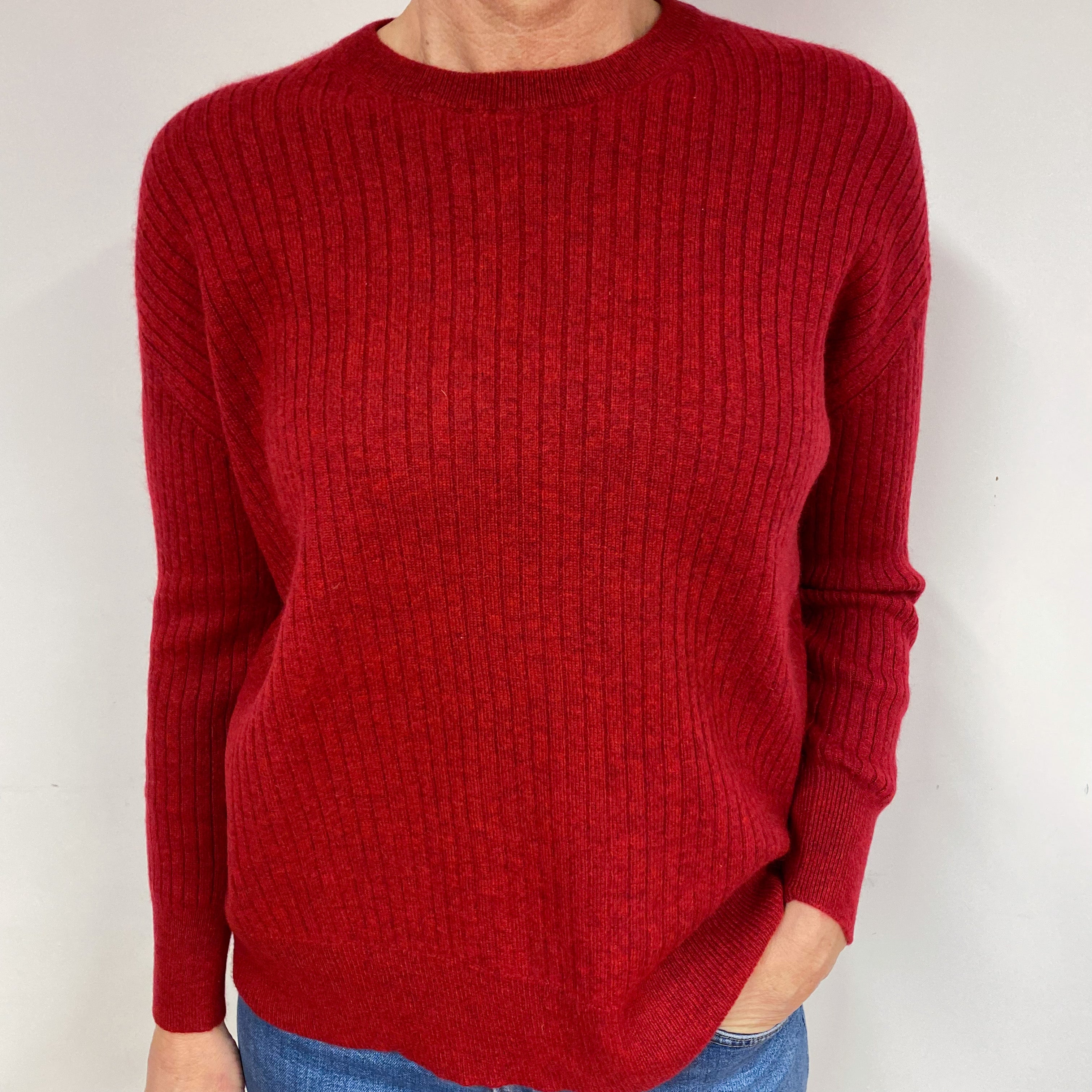 Slouchy Red Ribbed Cashmere Crew Neck Jumper Medium