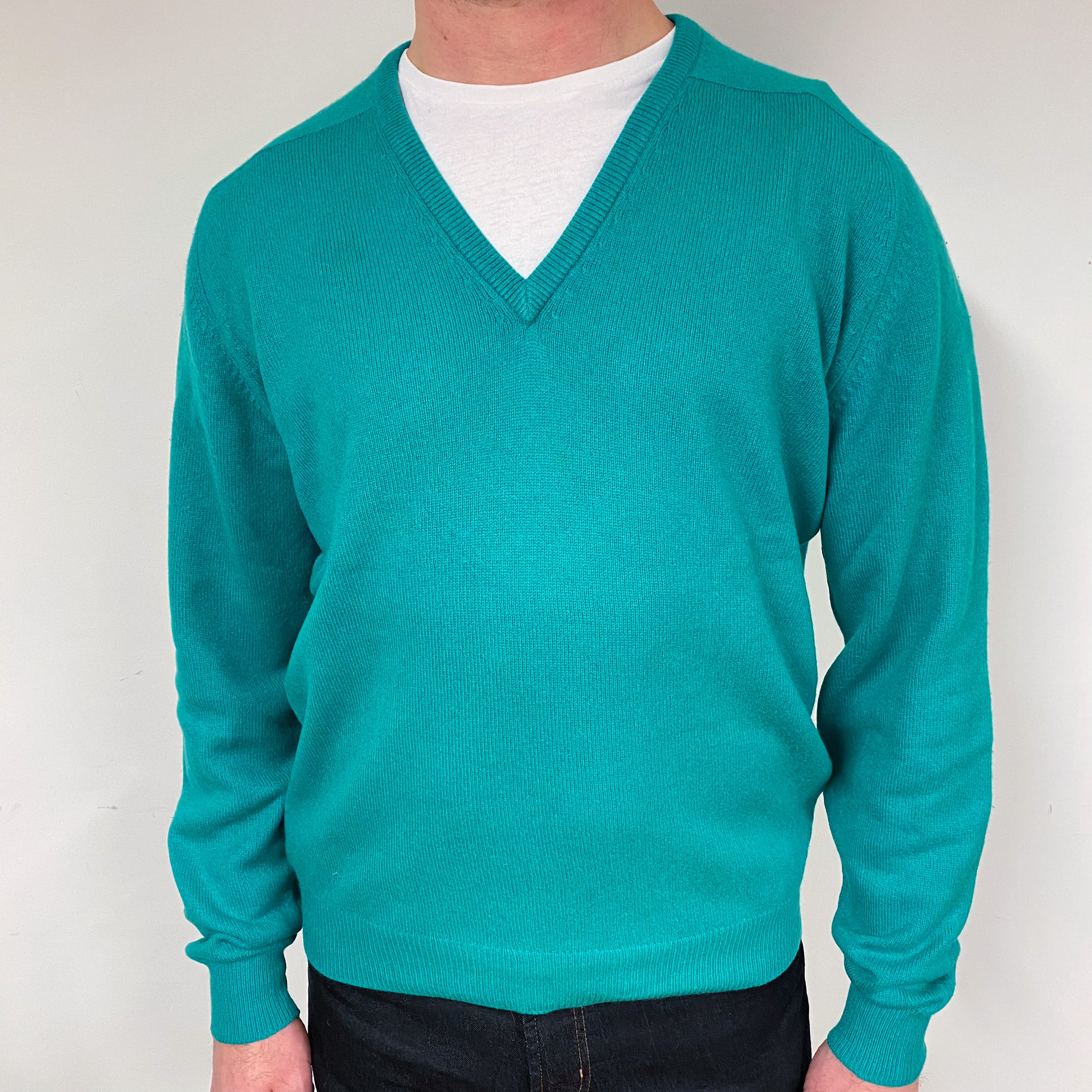 Men's Vintage Pringle Green Cashmere V-Neck Jumper Extra Large