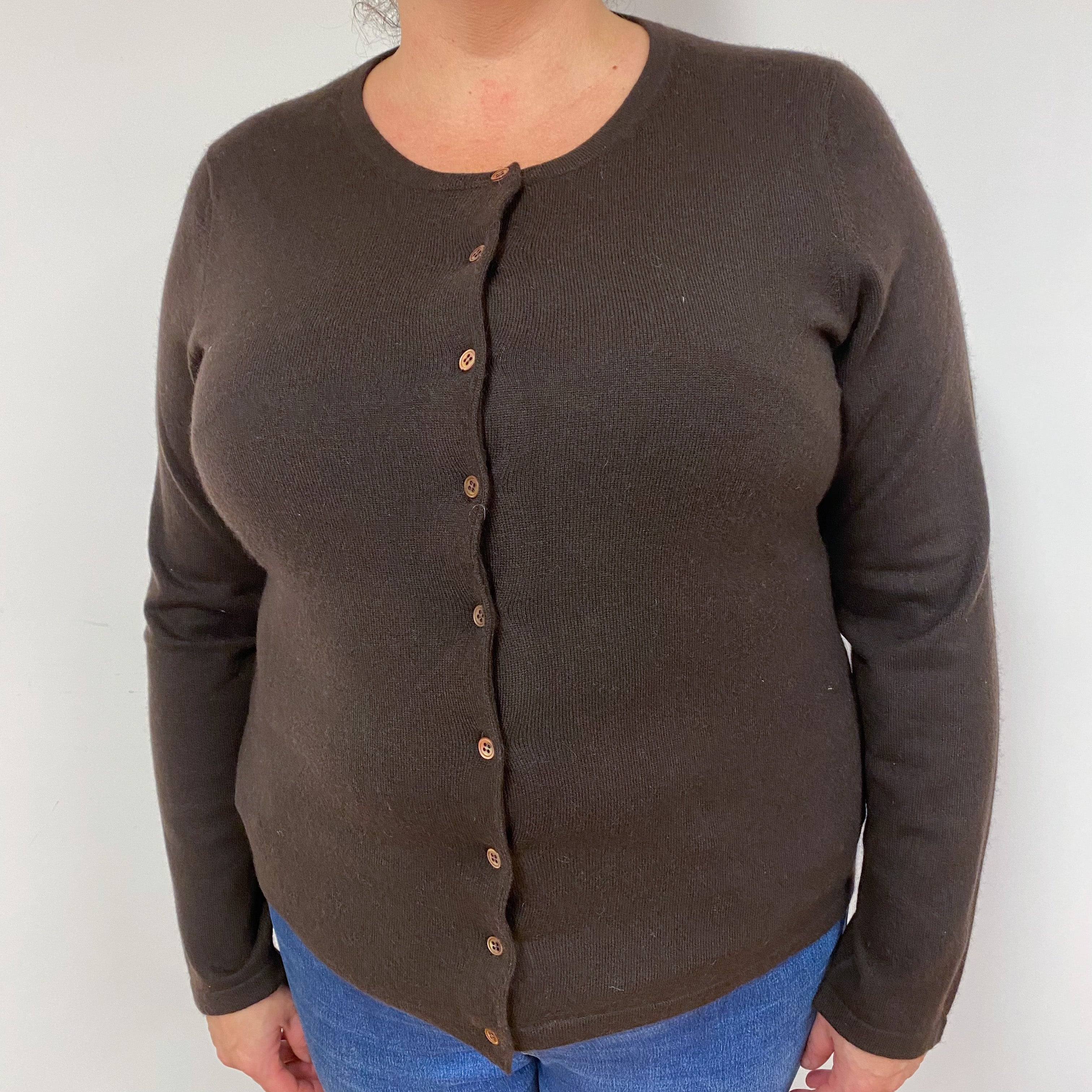 Dark Chocolate Brown Cashmere Crew Neck Cardigan Extra Large