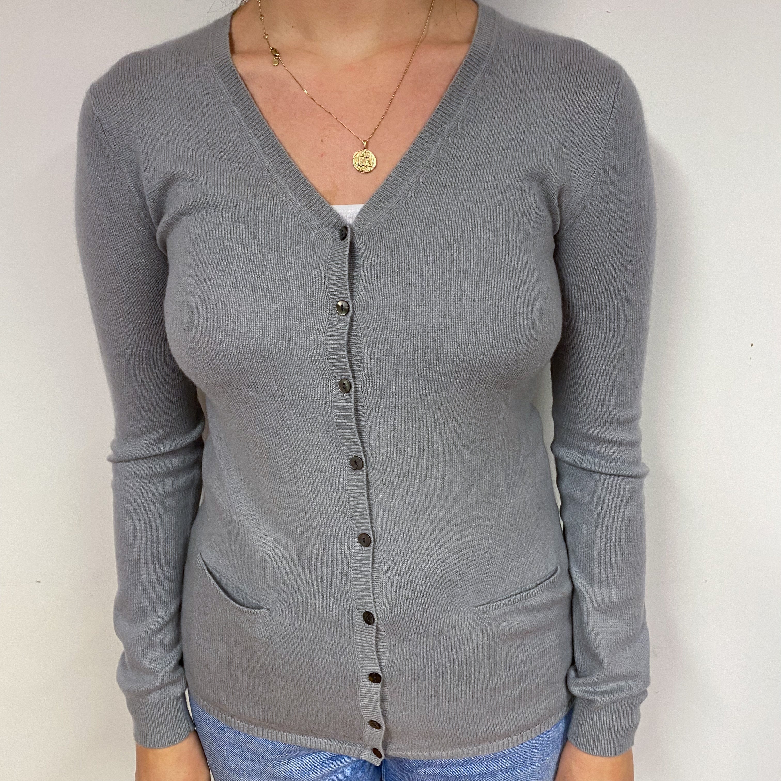 Dusty Grey Cashmere V-Neck Cardigan with Pockets Small