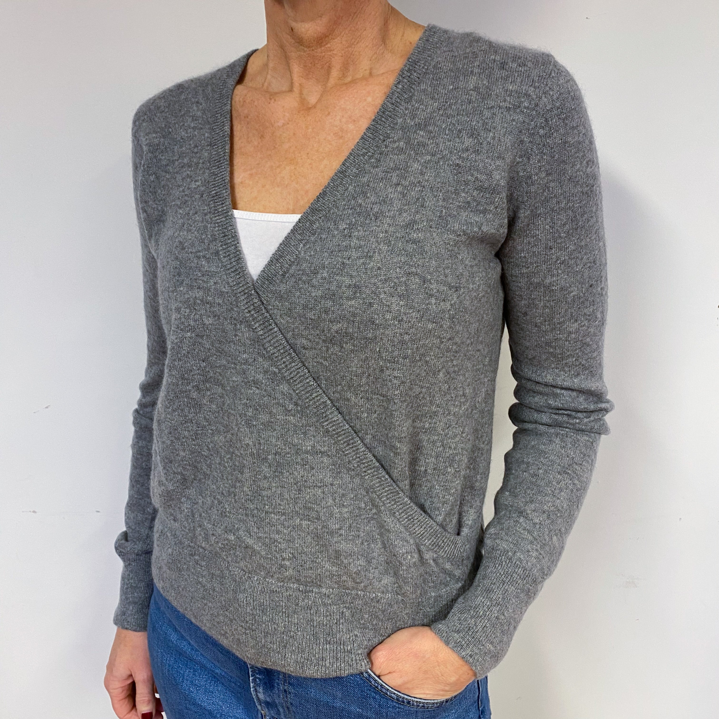 Grey Cross-Over Cashmere V-Neck Jumper Medium