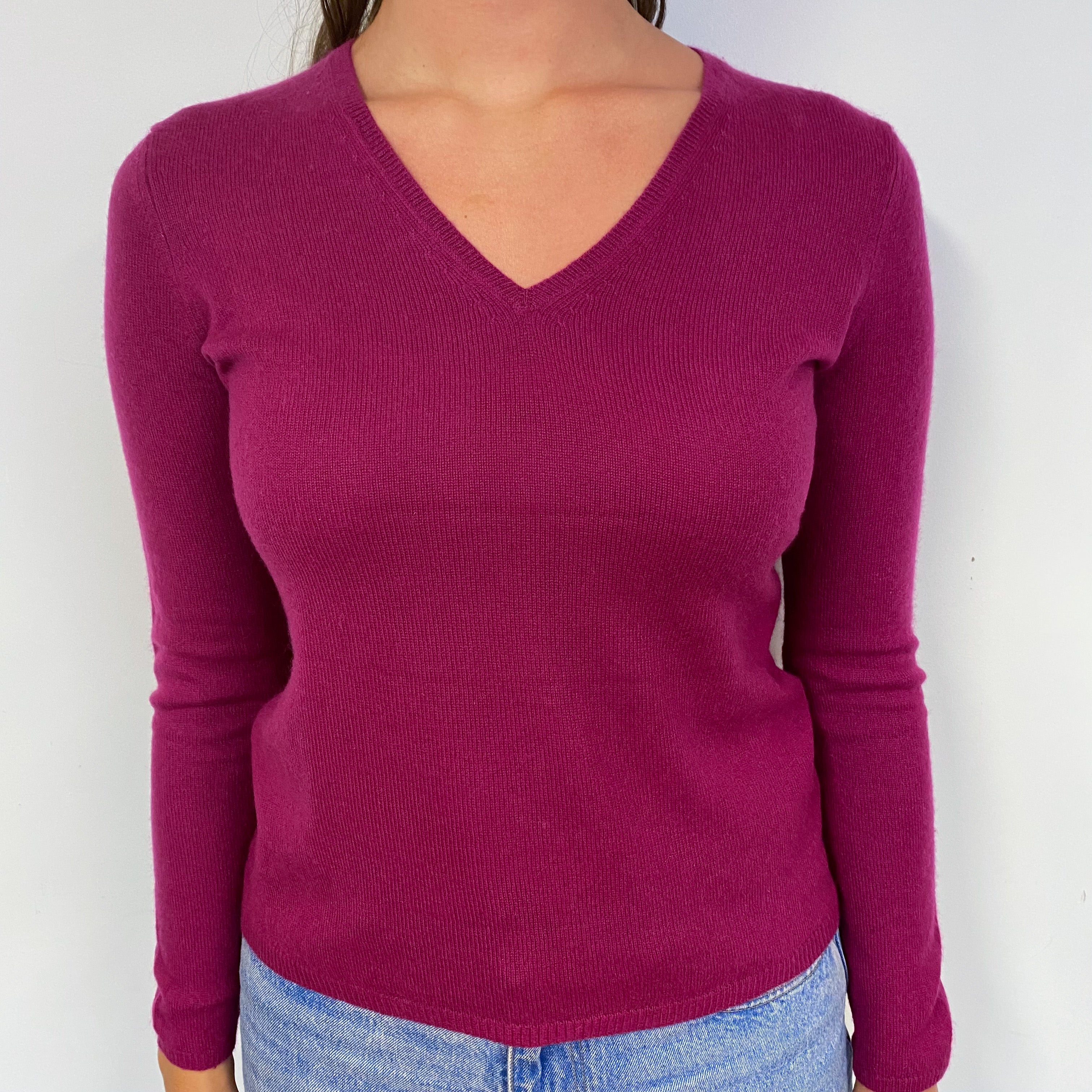 Deep Magenta Pink Cashmere V-Neck Jumper