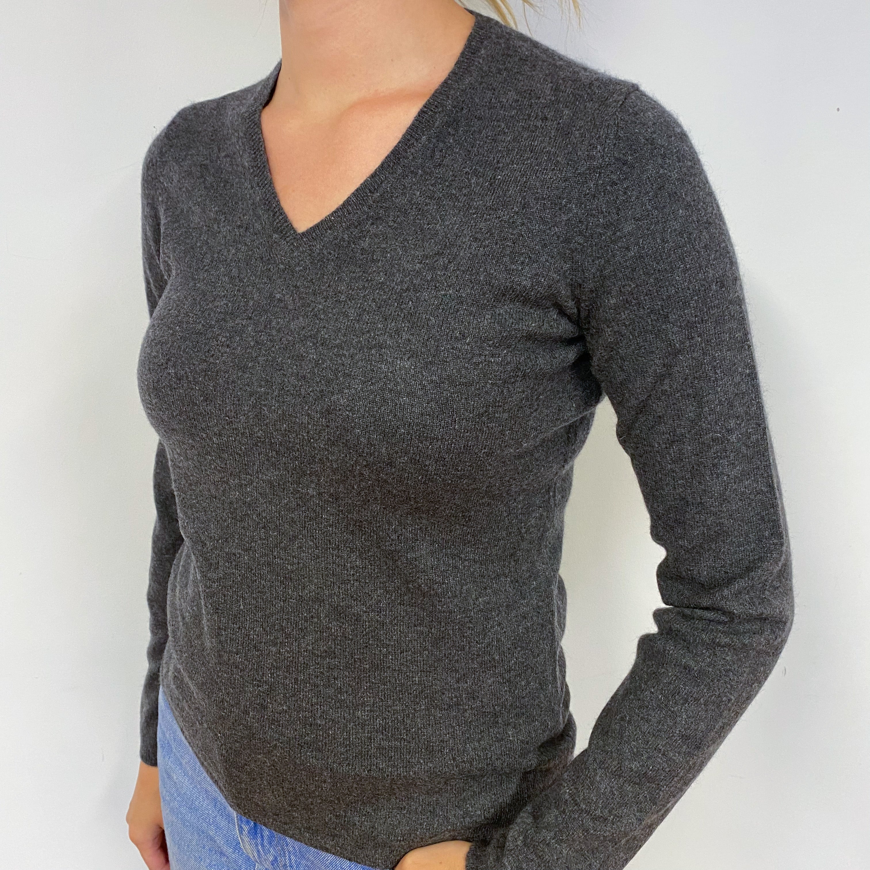 Charcoal Grey Cashmere V-Neck Jumper