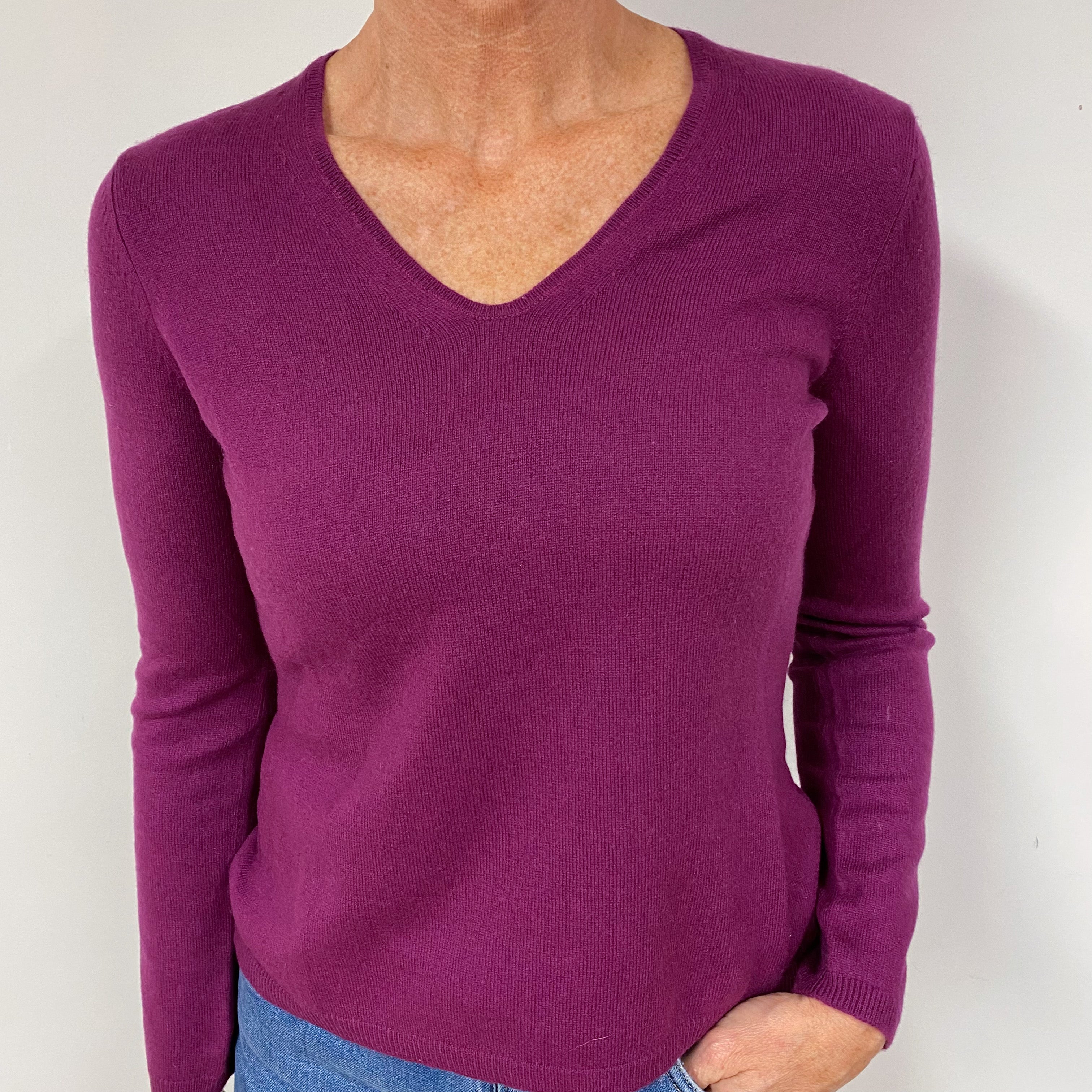 Plum Purple Cashmere V-Neck Jumper Medium