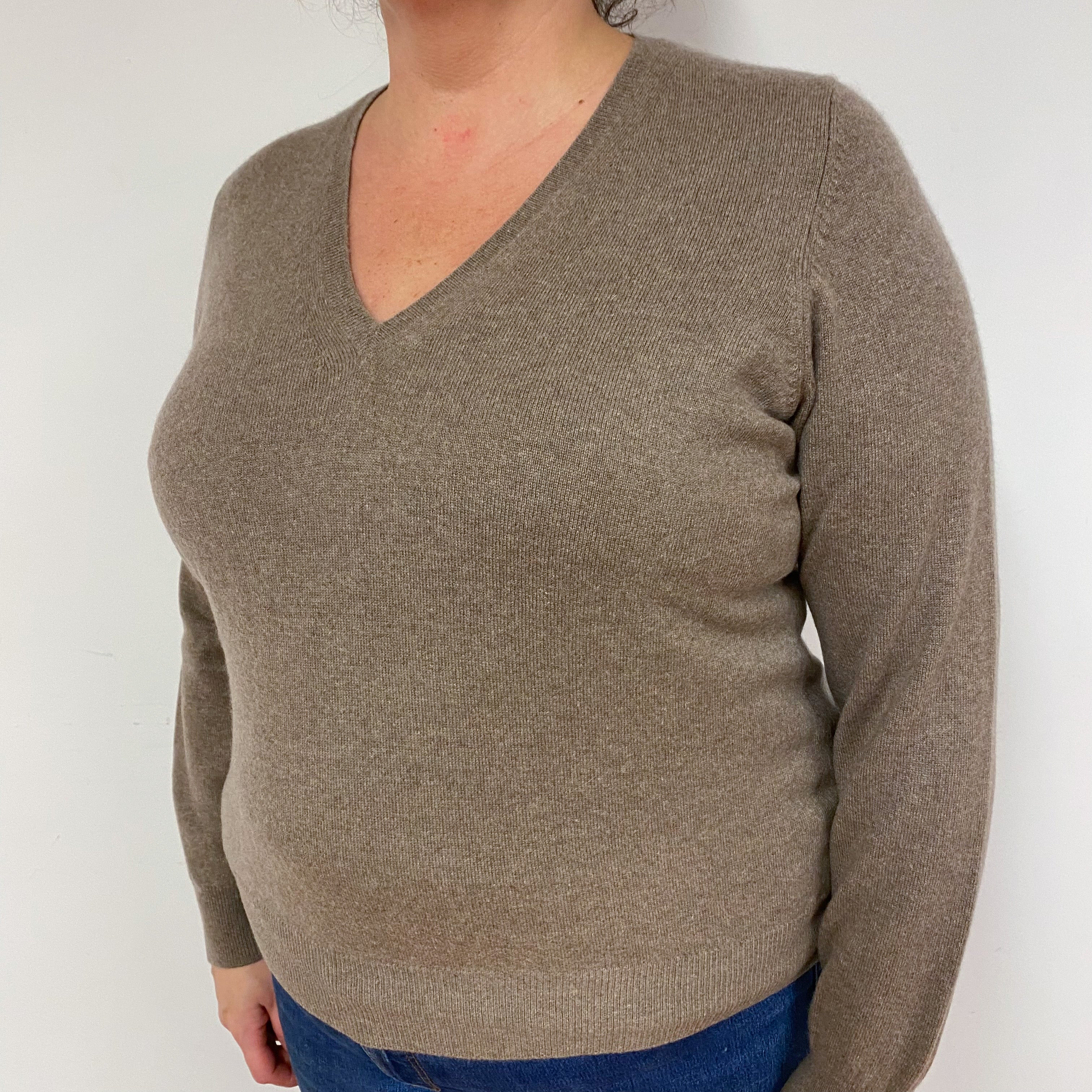 Taupe Brown Cashmere V-Neck Jumper Extra Large