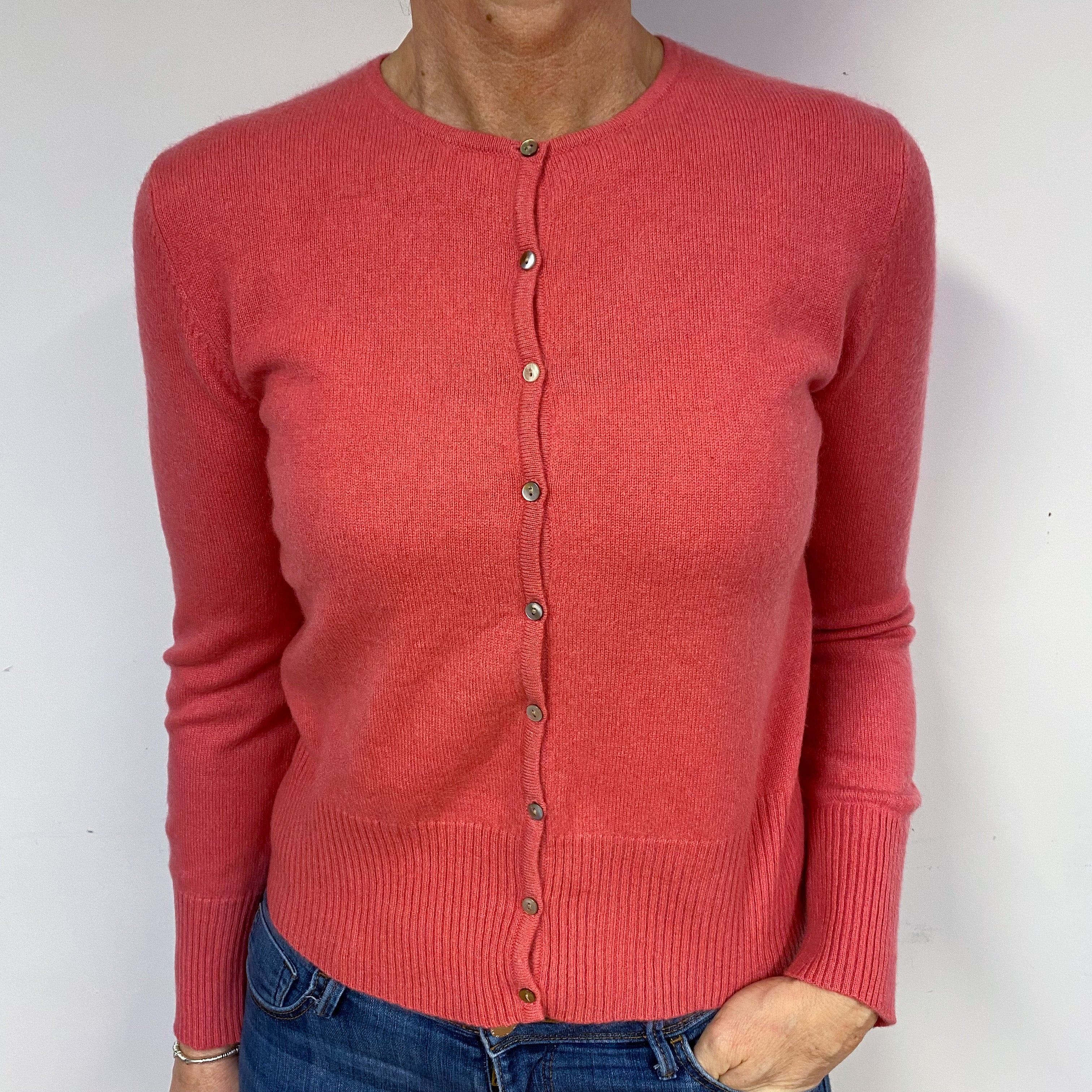 Deep Flamingo Pink Cashmere Crew Neck Cardigan Medium