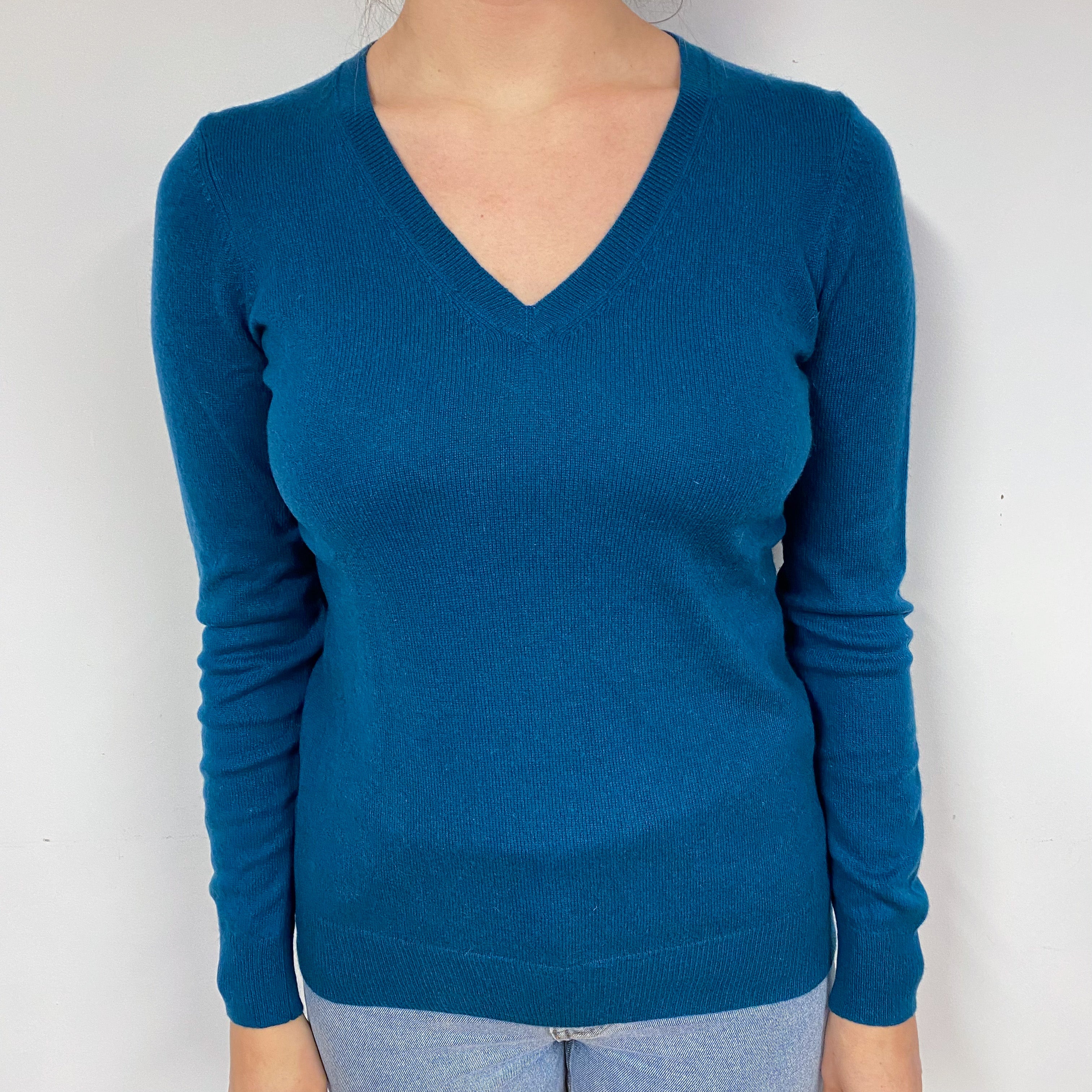 Dark Teal Green Cashmere V-Neck Jumper Small