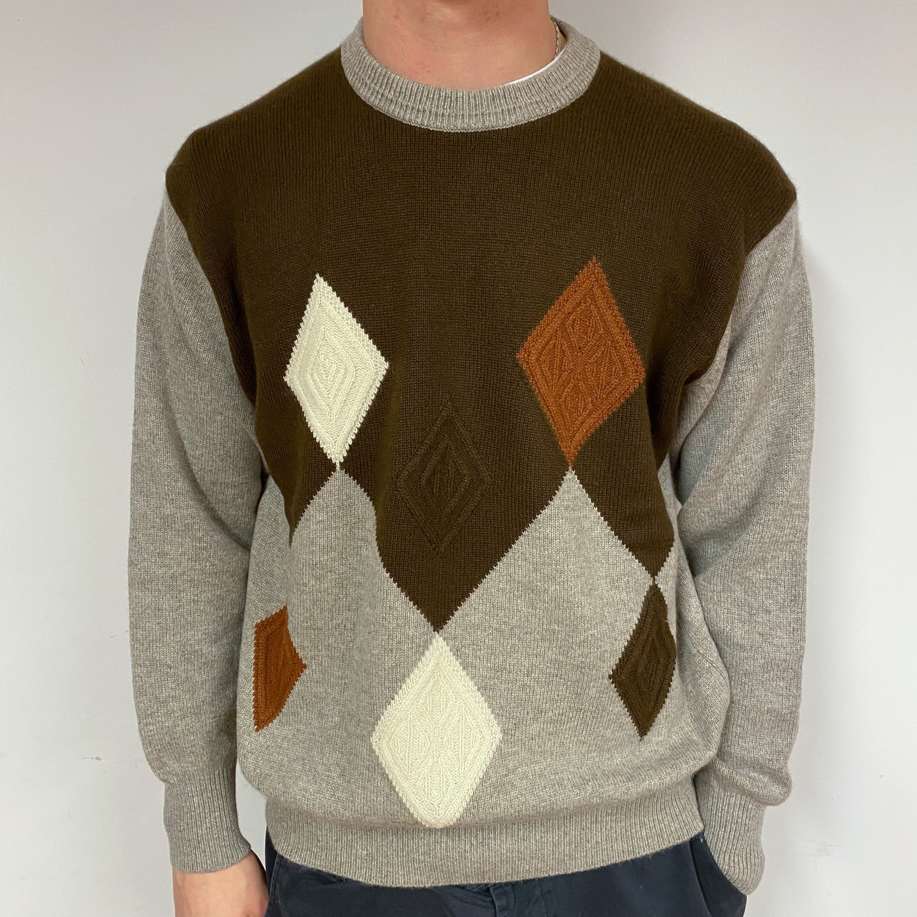 Men's Chunky Brown Diamond Cashmere Crew Neck Jumper Large