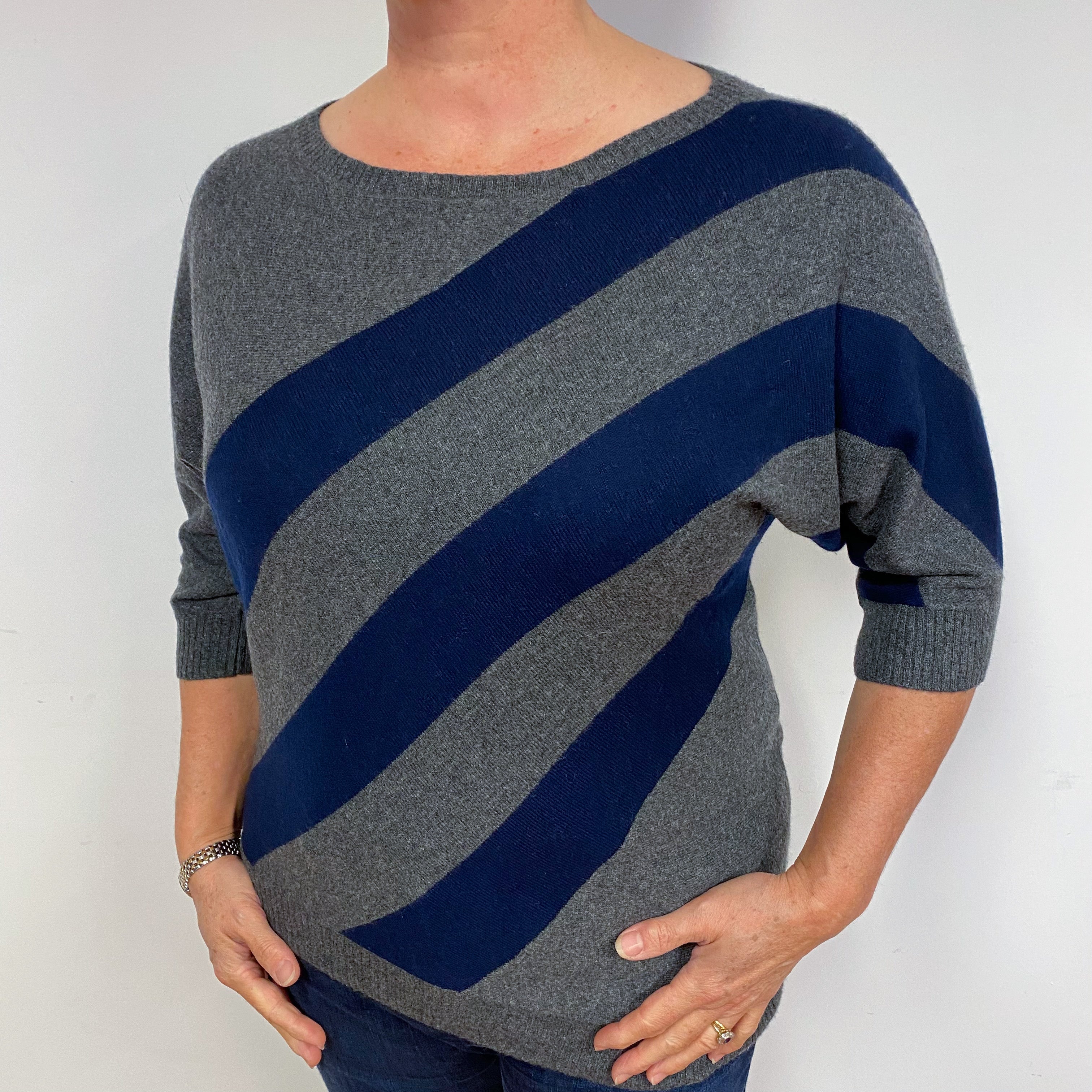 Grey and Navy Asymmetric Cashmere Crew Neck Jumper Large