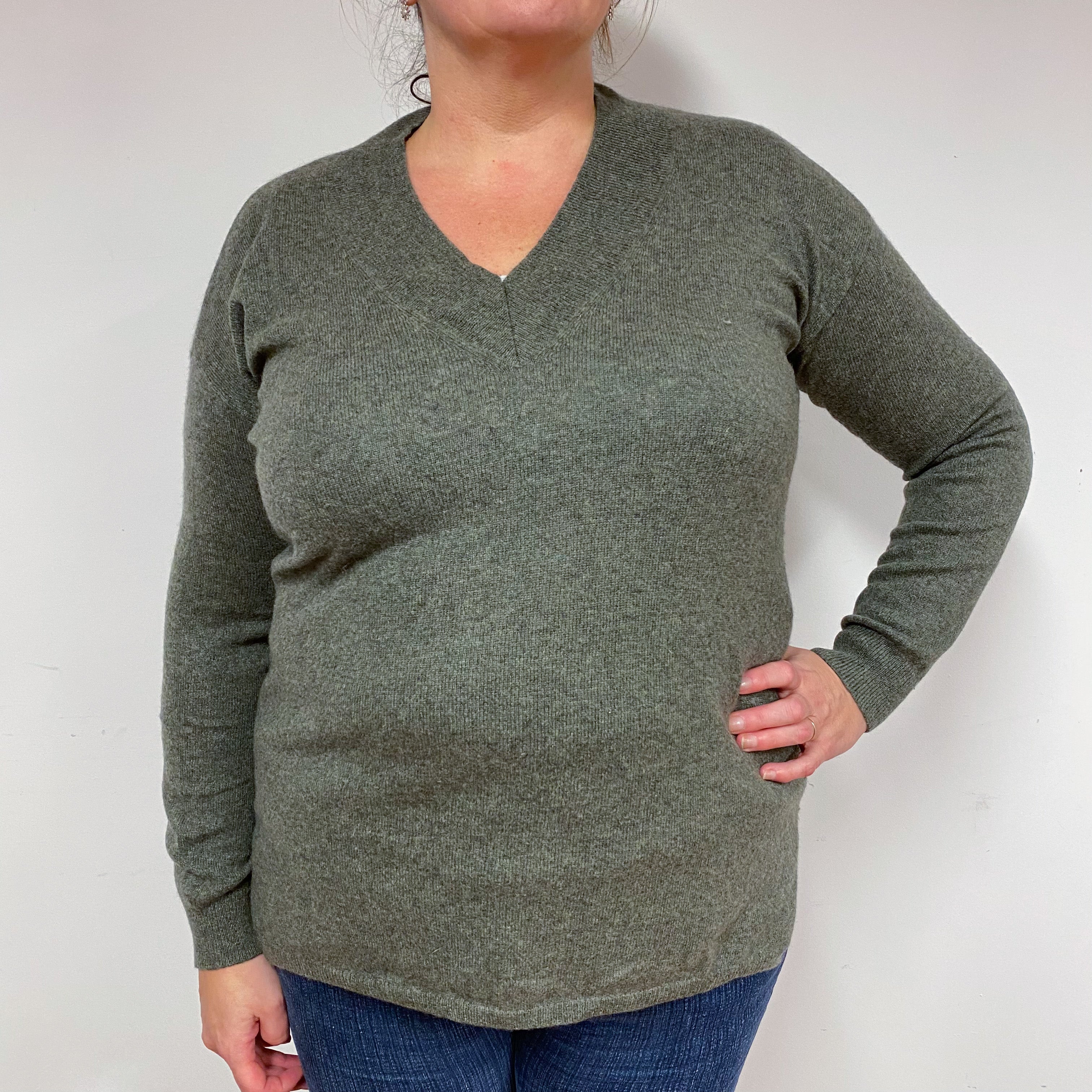 Khaki Green Cashmere V-Neck Jumper Extra Large