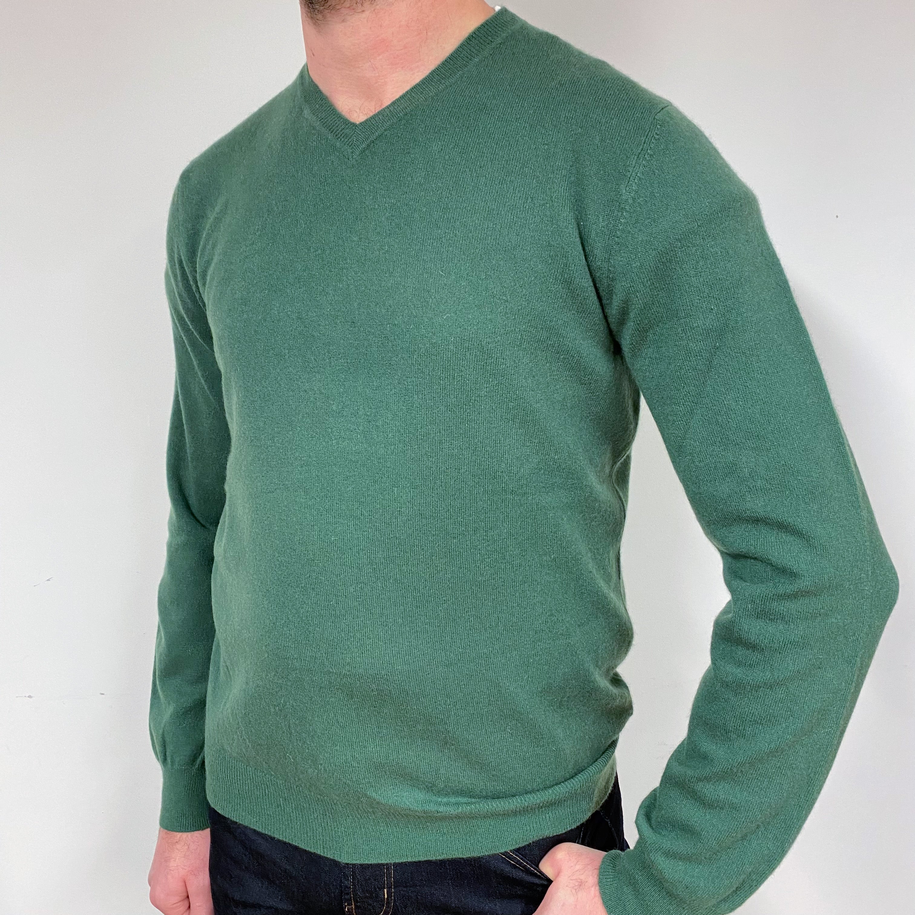 Men's Basil Green Cashmere V-Neck Jumper Extra Large