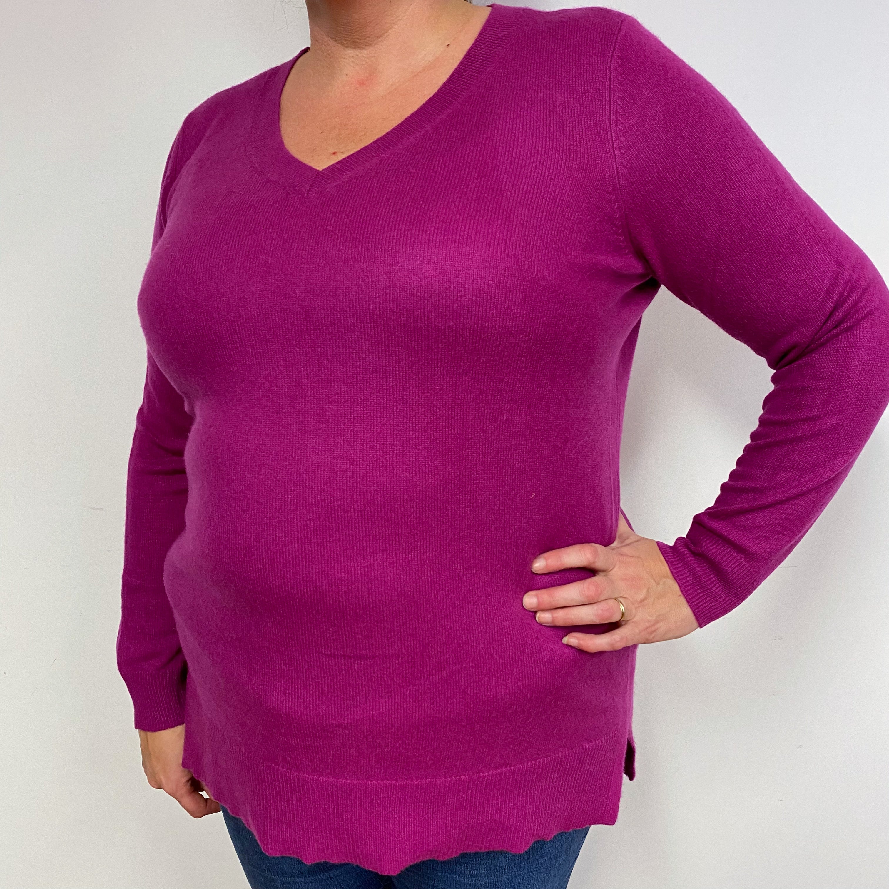 Magenta Pink Cashmere V-Neck Jumper Extra Large