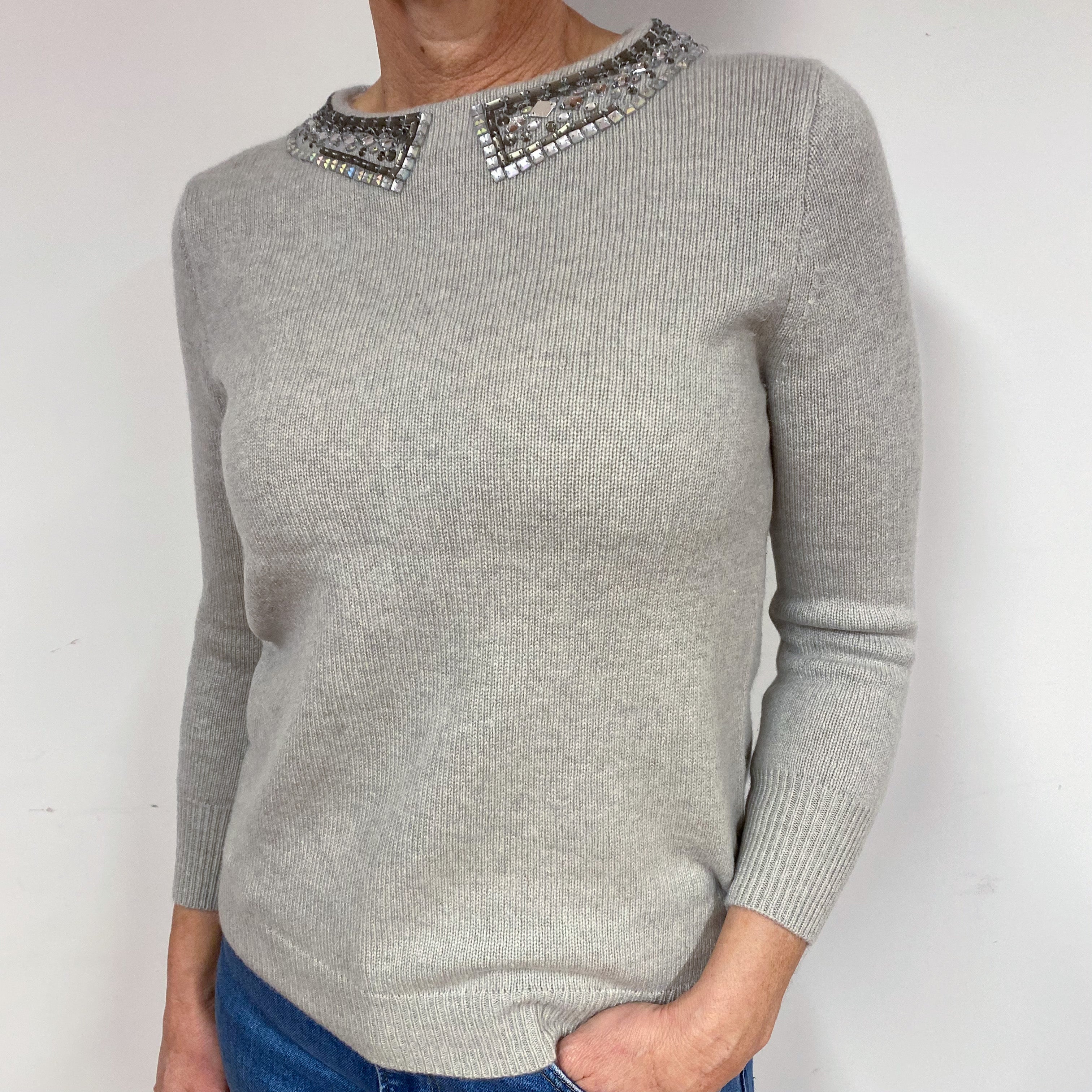 Mist Grey Embellished Cashmere Crew Neck Jumper Medium