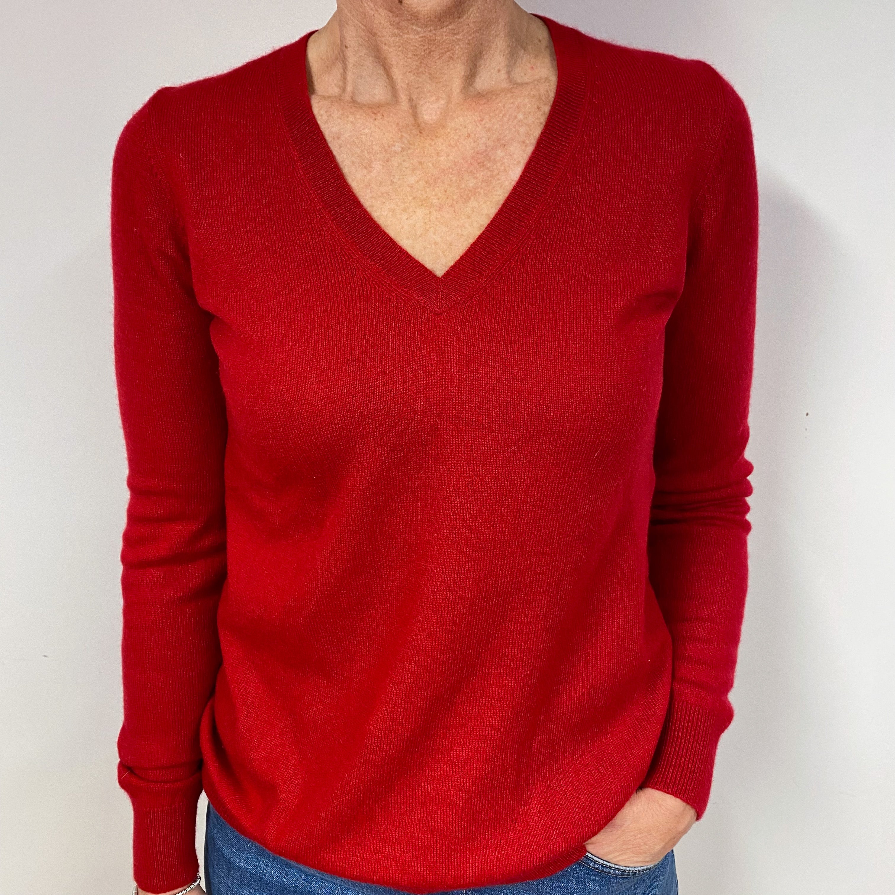 Post Box Red Cashmere V-Neck Jumper Medium