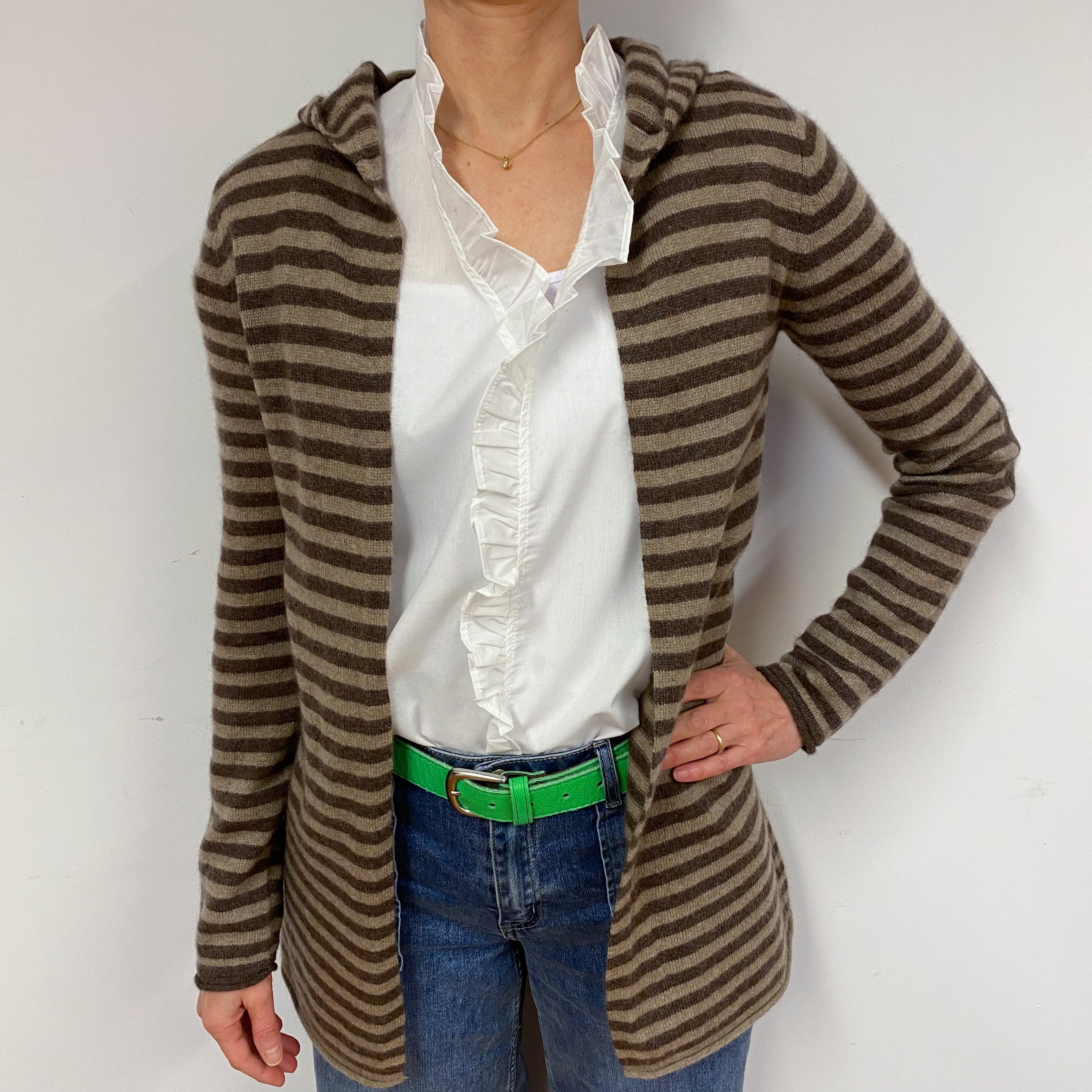 Brown Striped Hooded Cashmere Cardigan Small