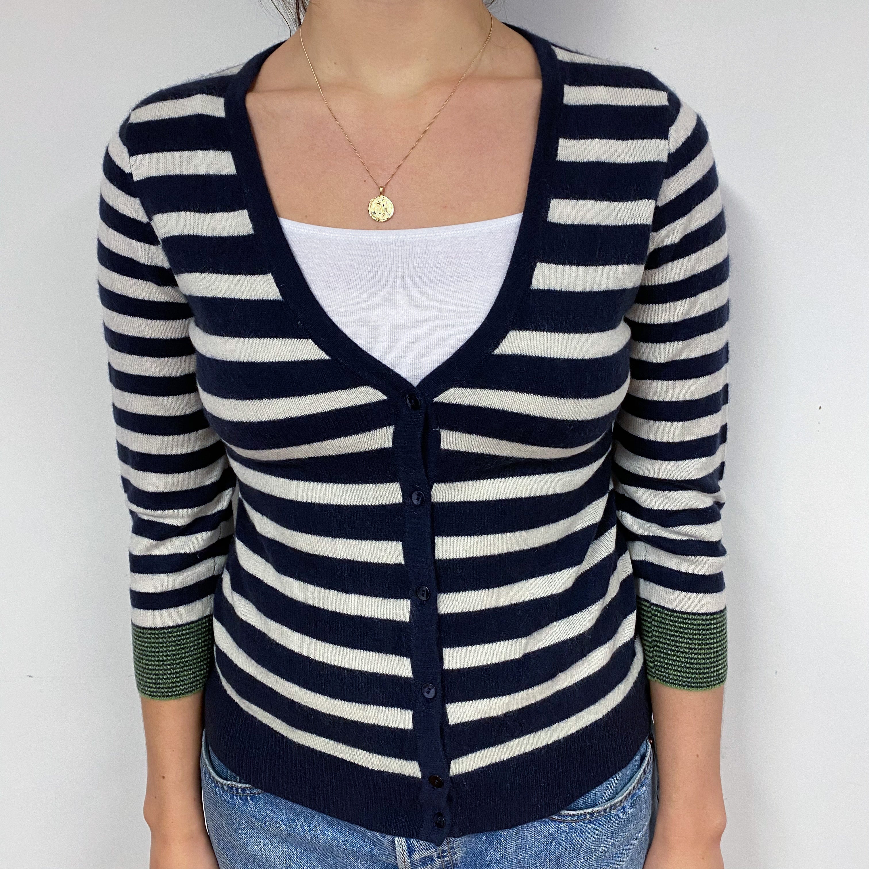 Navy and Cream Stripe Cashmere V-Neck Cardigan Small