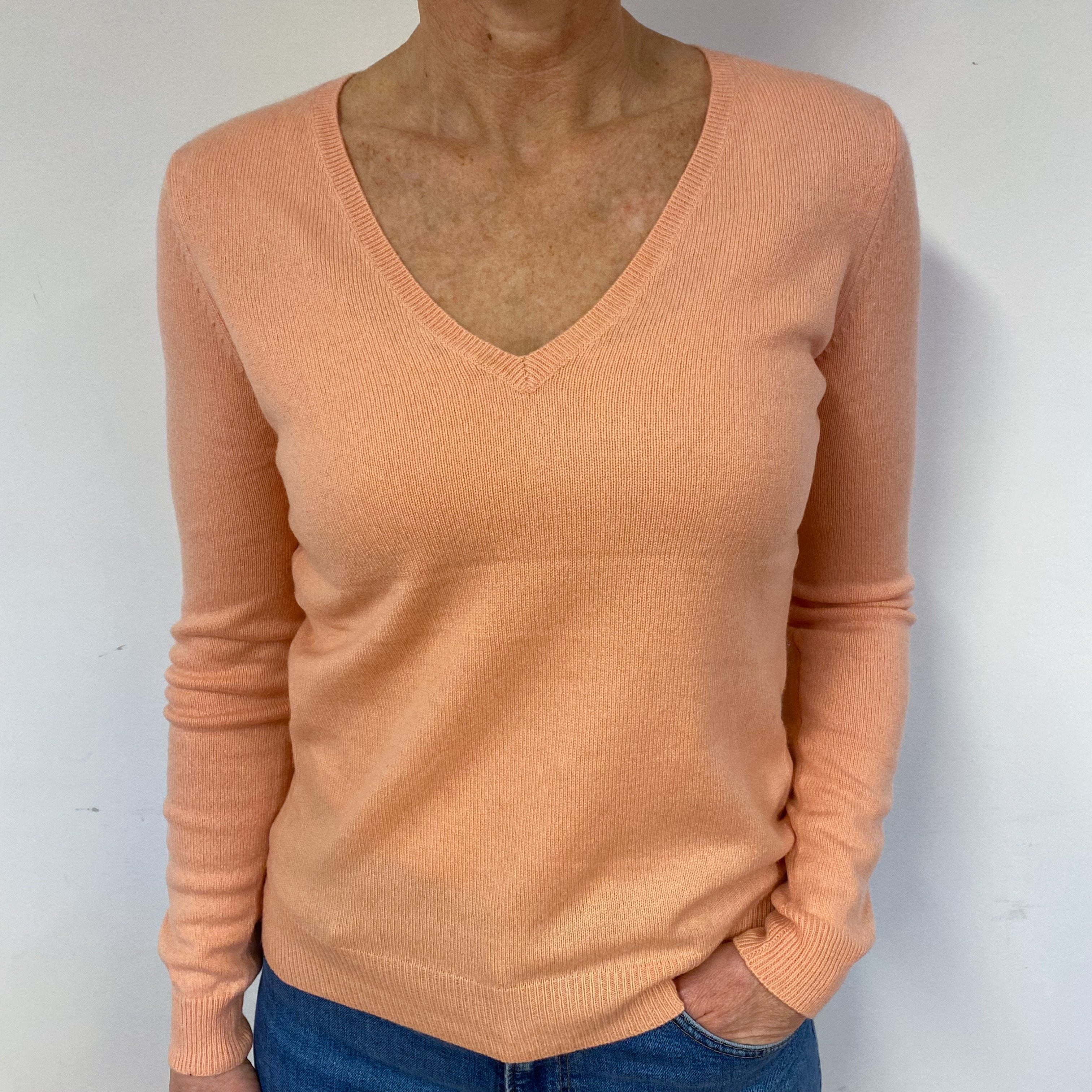 Peach Pink Cashmere V-Neck Jumper Medium