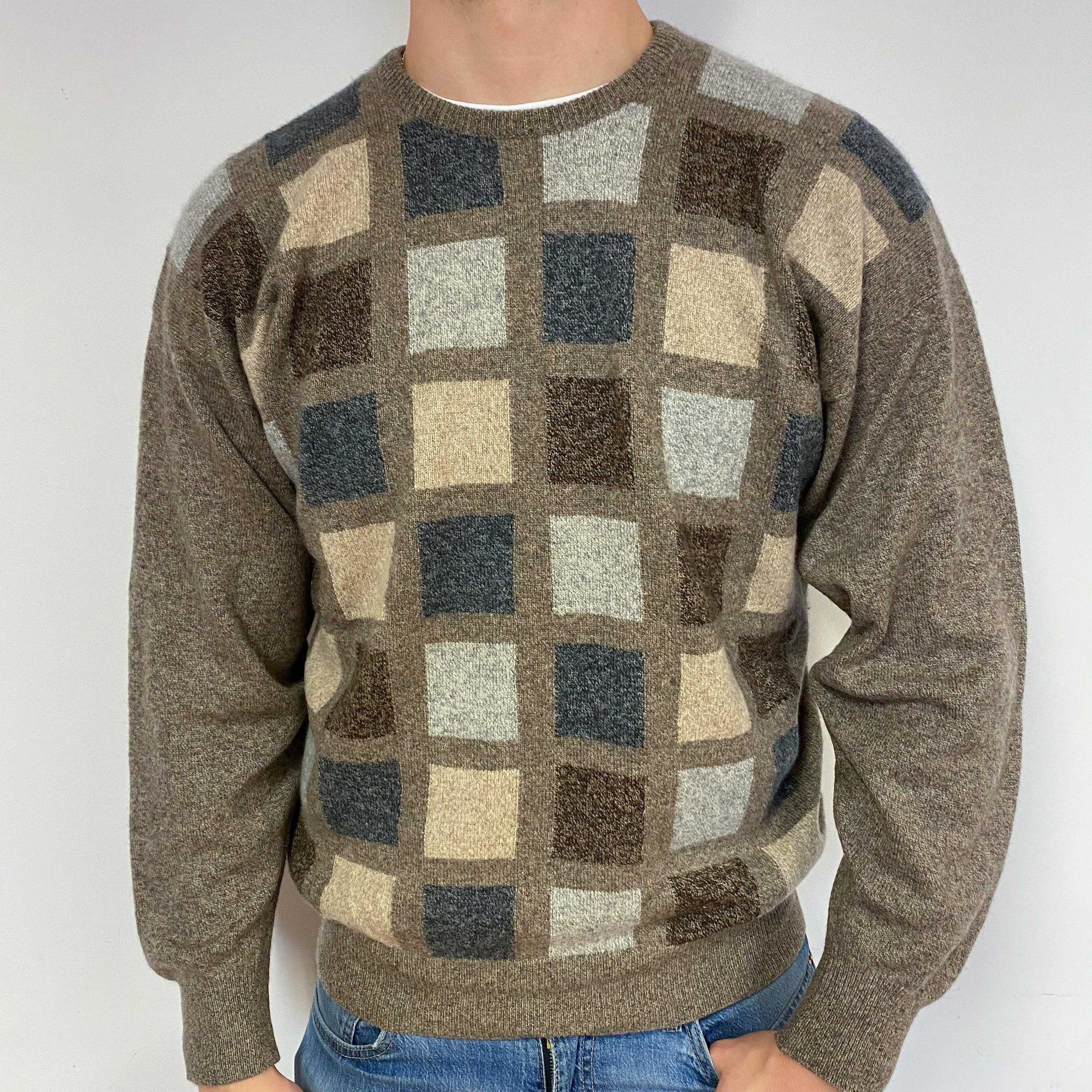 Men's Vintage Patterned Scottish Cashmere Crew Neck Jumper XL