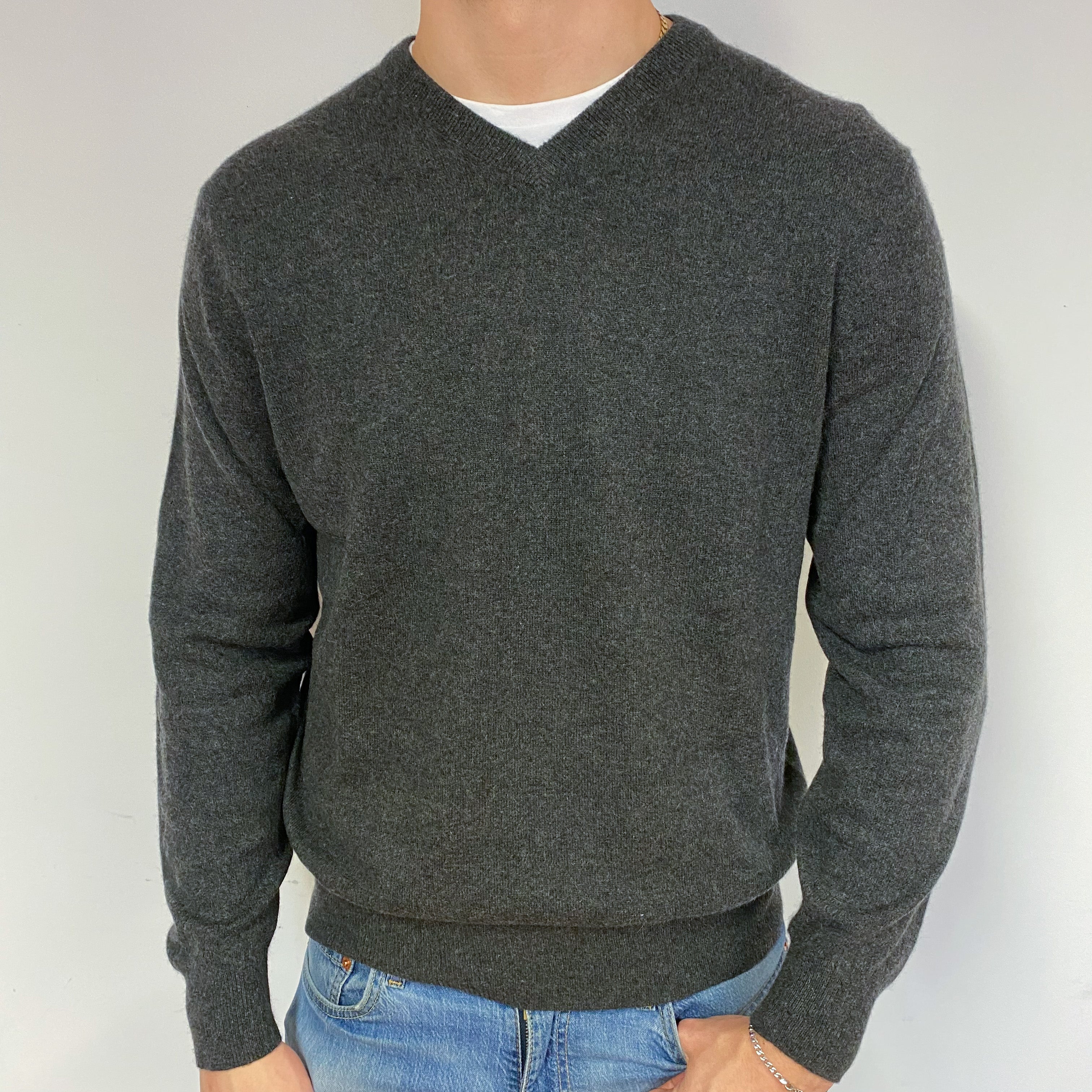 Men's Charcoal Grey Cashmere V-Neck Jumper XL