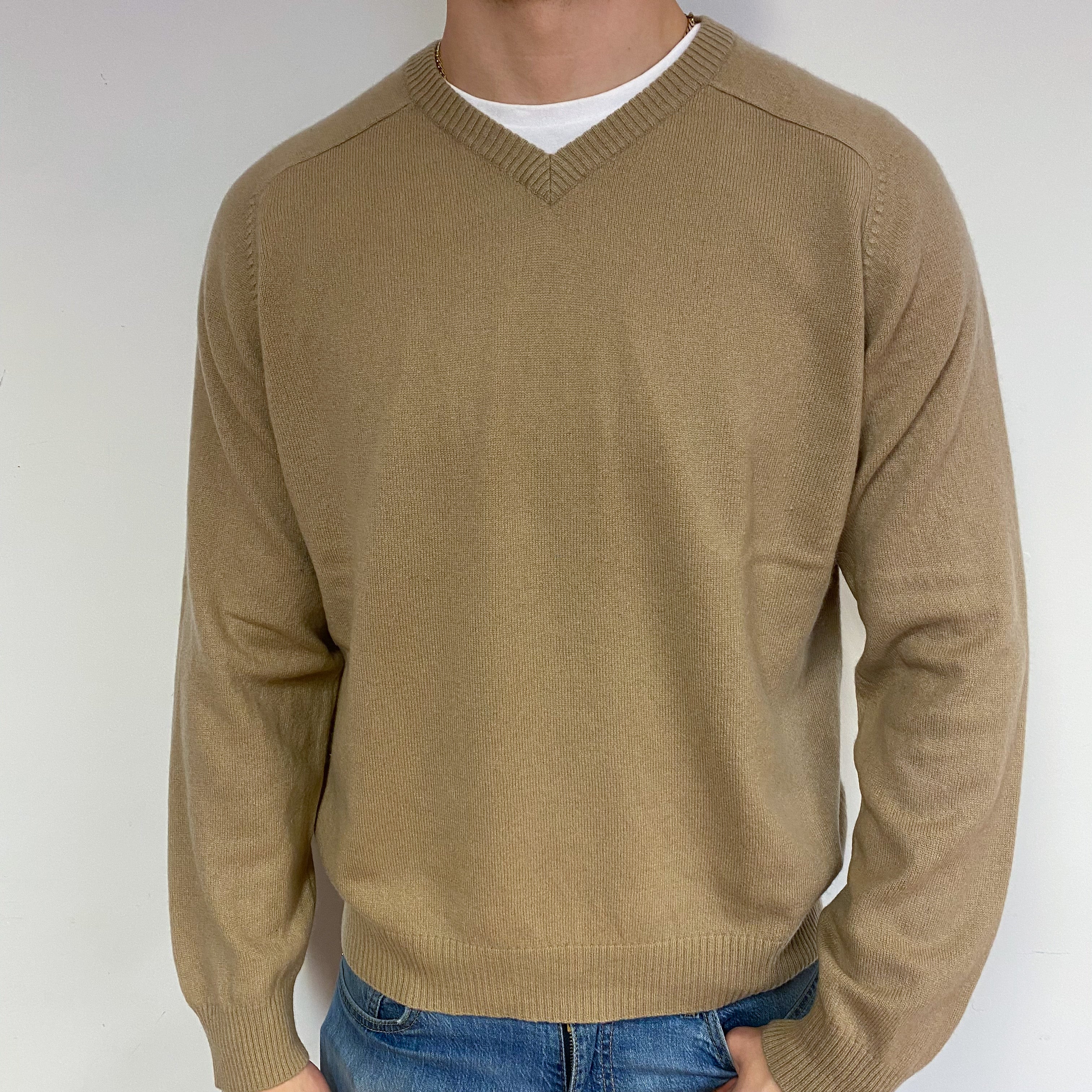 Men's Caramel Cashmere V-Neck Jumper XL