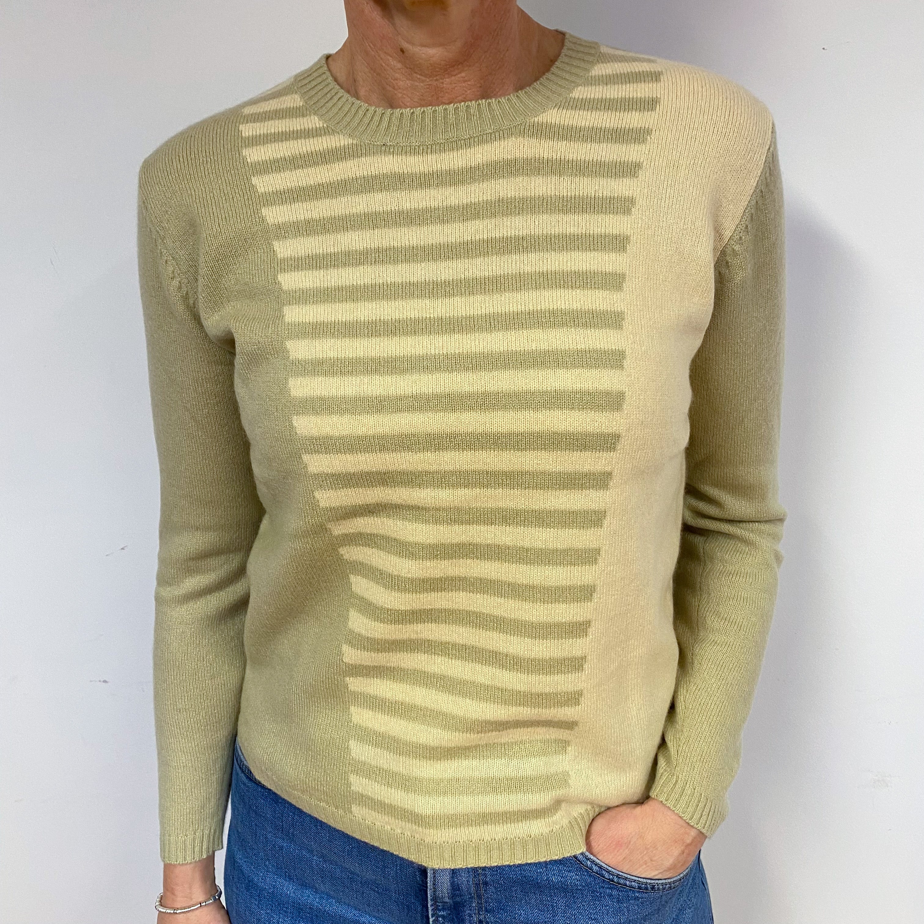 Pistachio Green and Lemon Cashmere Crew Neck Jumper Medium