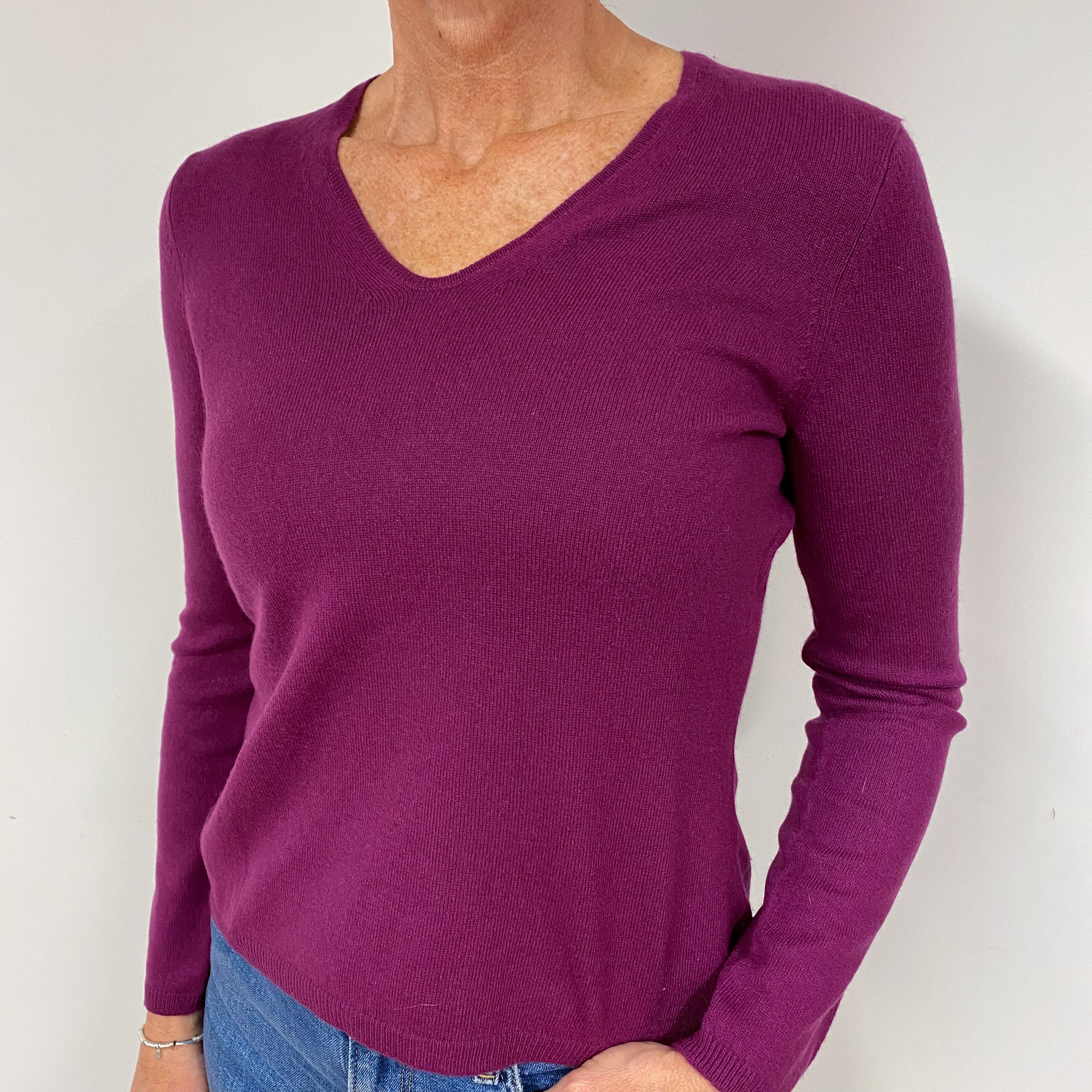 Plum Purple Cashmere V-Neck Jumper Medium