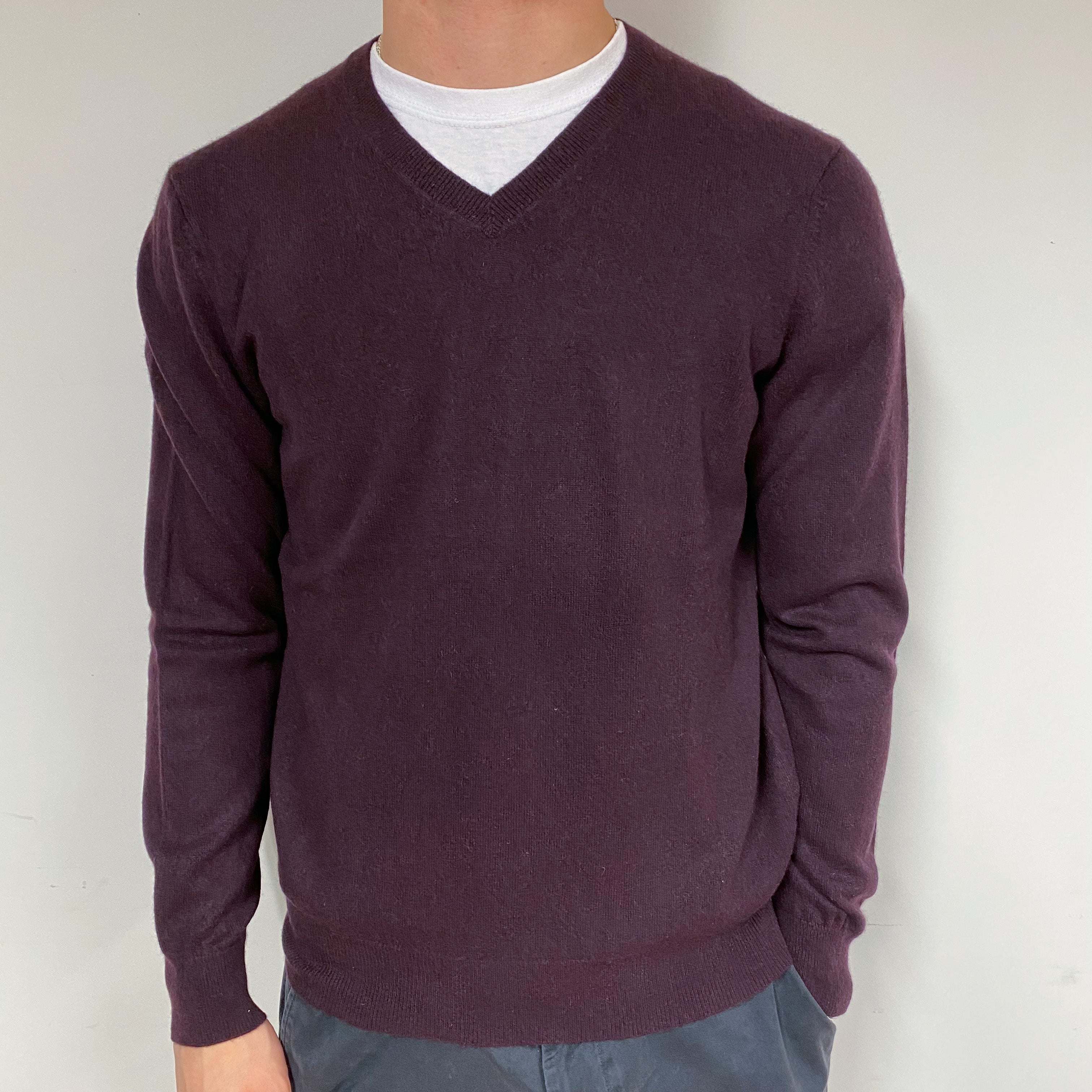 Men's Aubergine Cashmere V-Neck Jumper Large