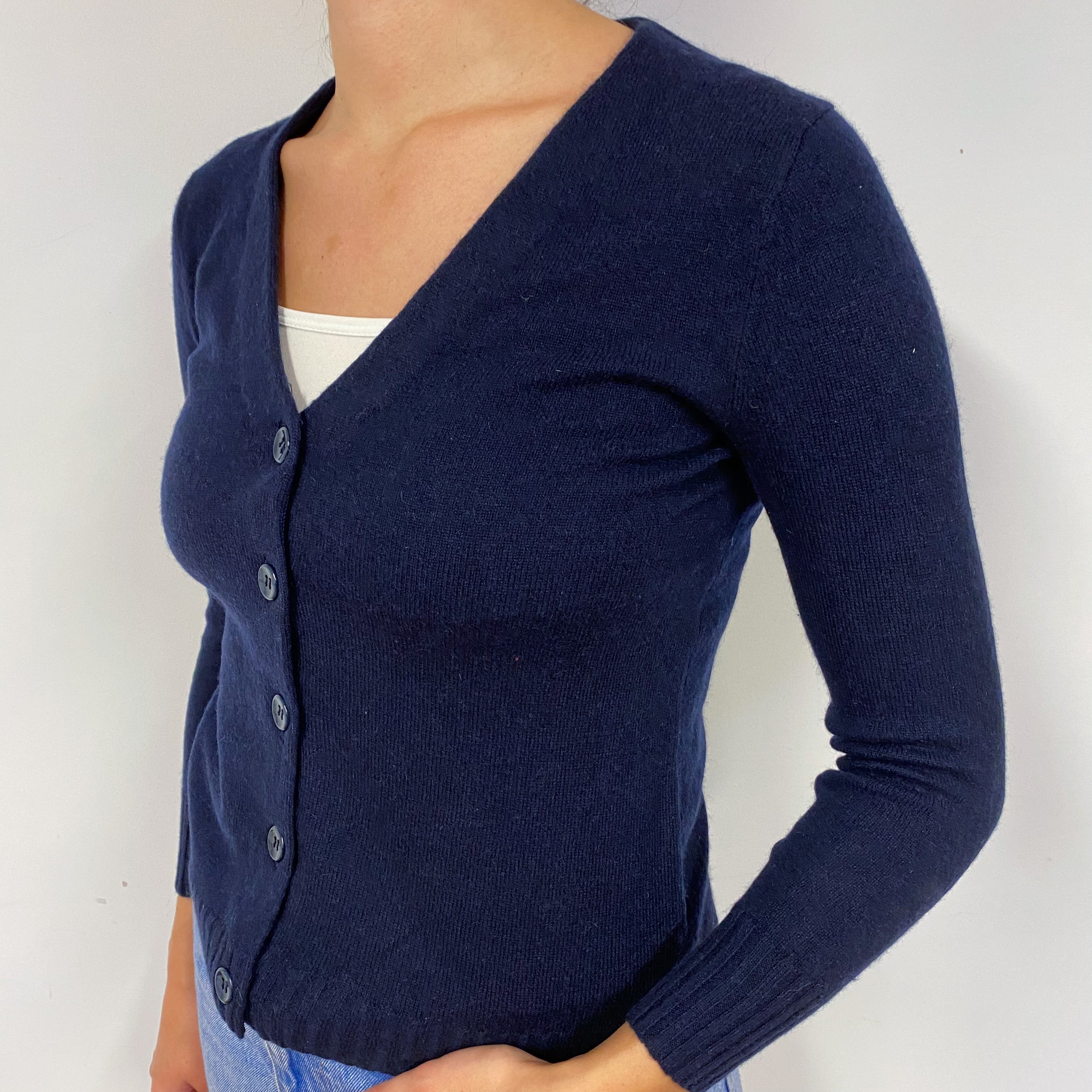 Navy Blue Cashmere V-Neck Cardigan Small