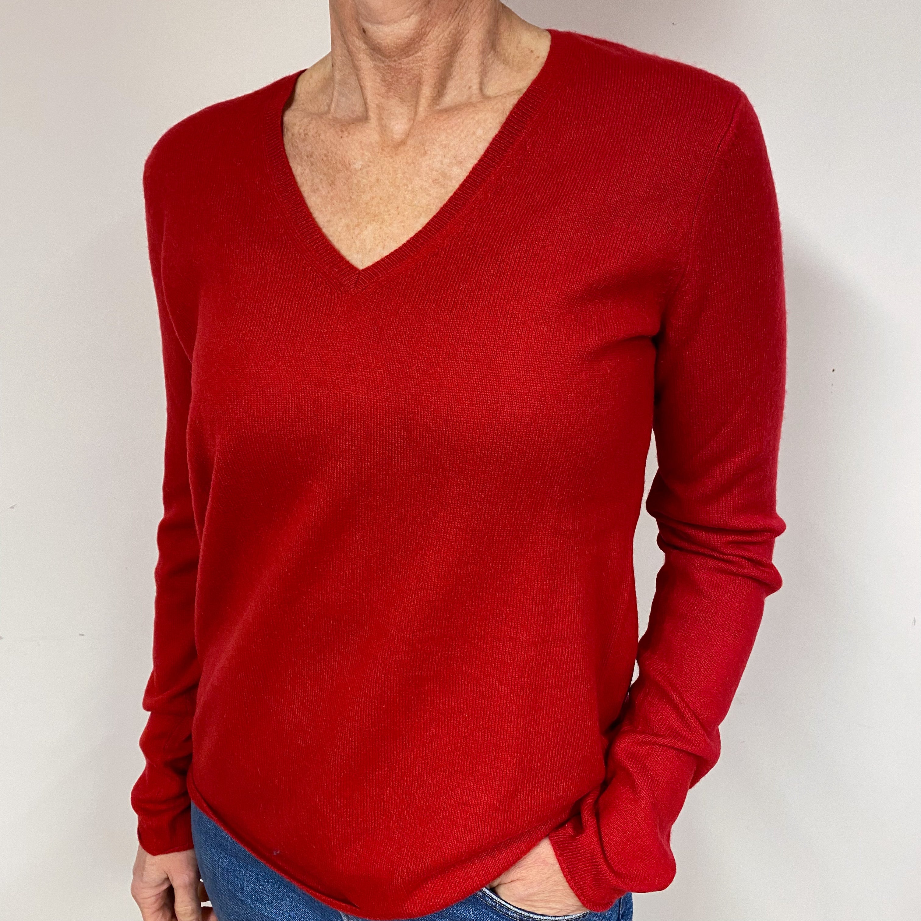 Post Box Red Cashmere V-Neck Jumper Medium