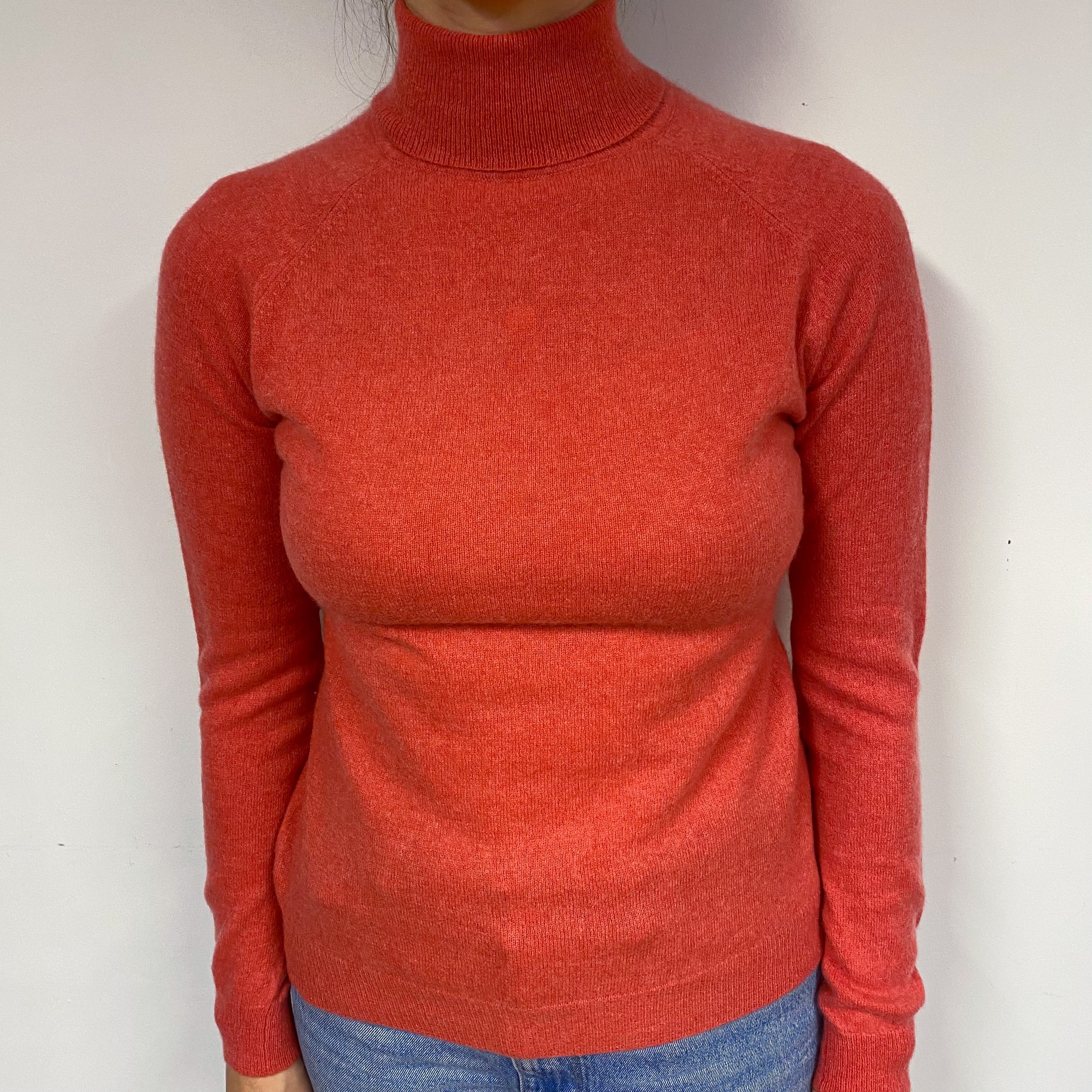 Deep Fiery Orange Cashmere Polo Neck Jumper Small