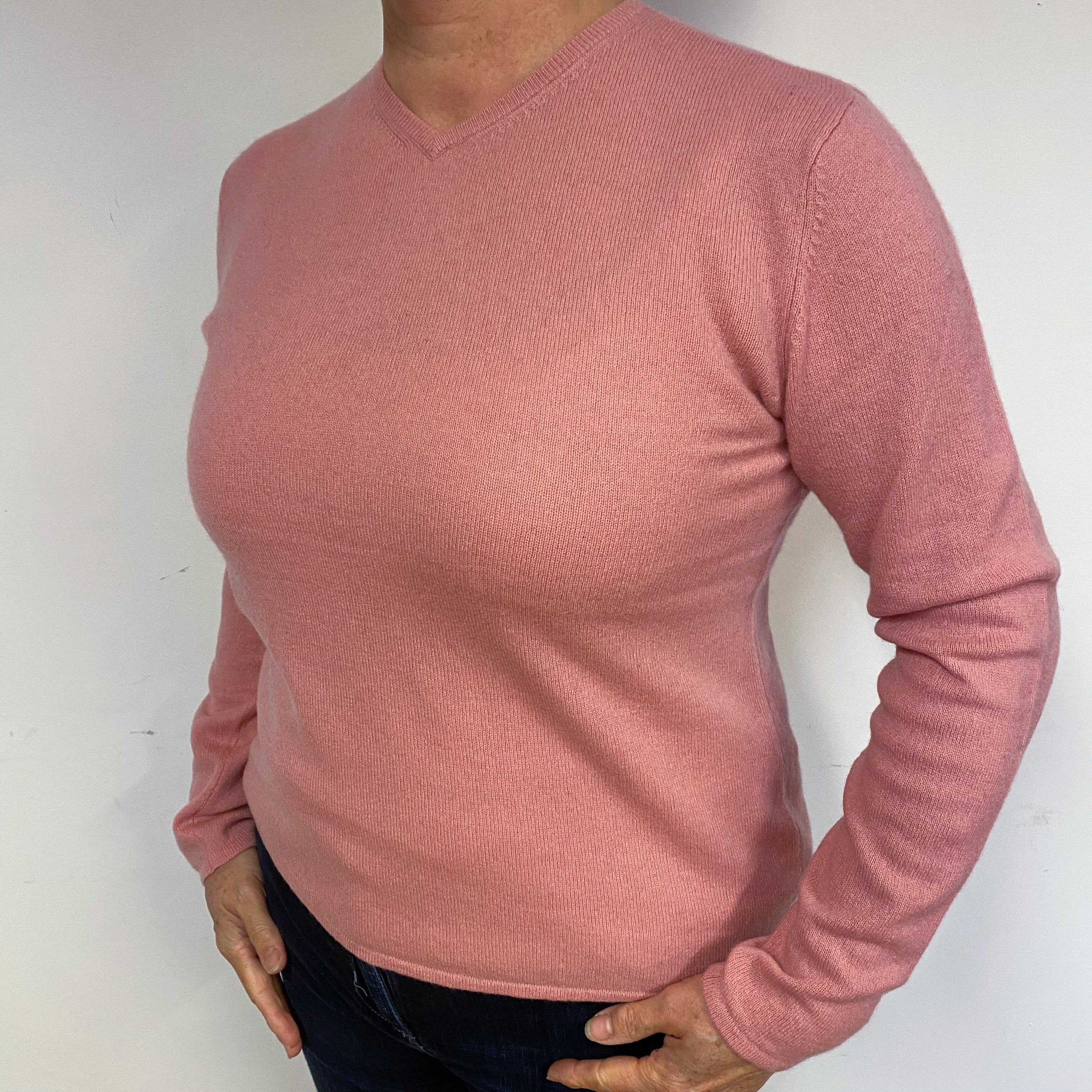 Blush Pink Cashmere V-Neck Jumper Large