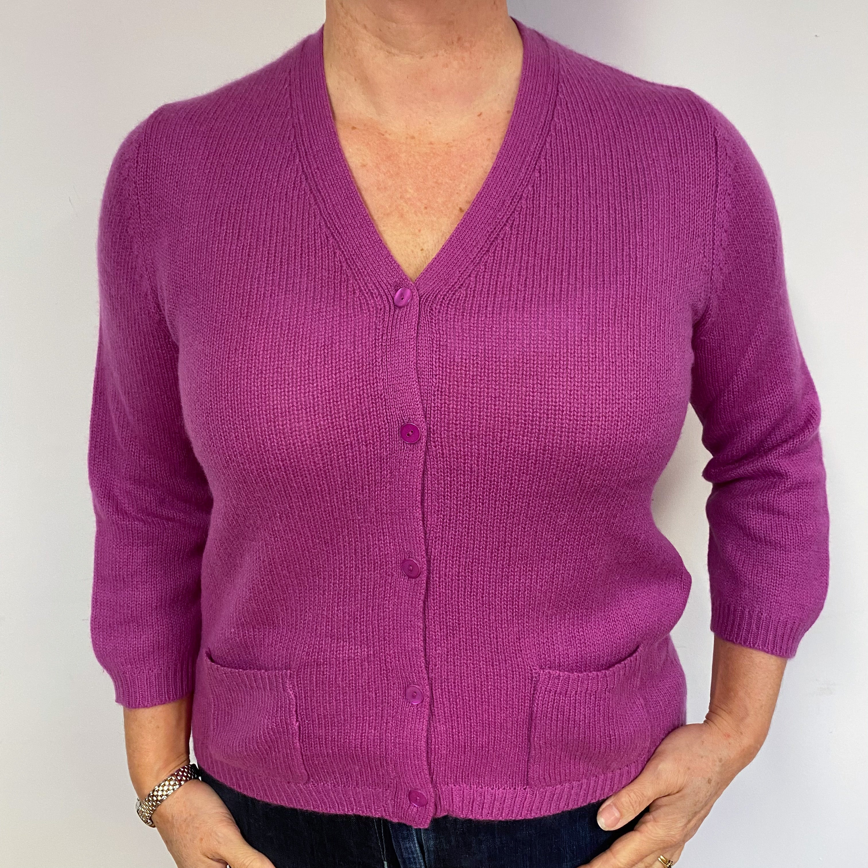 Loganberry Pink Ribbed Cashmere Cardigan Large