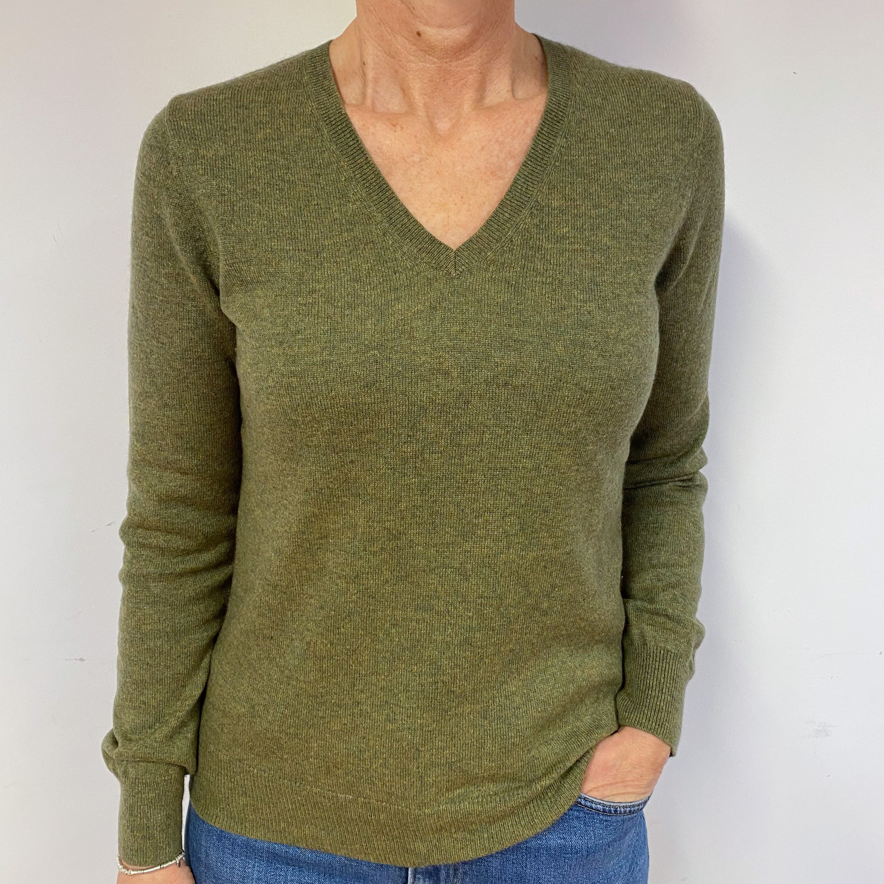 Olive Green Cashmere V-Neck Jumper Medium