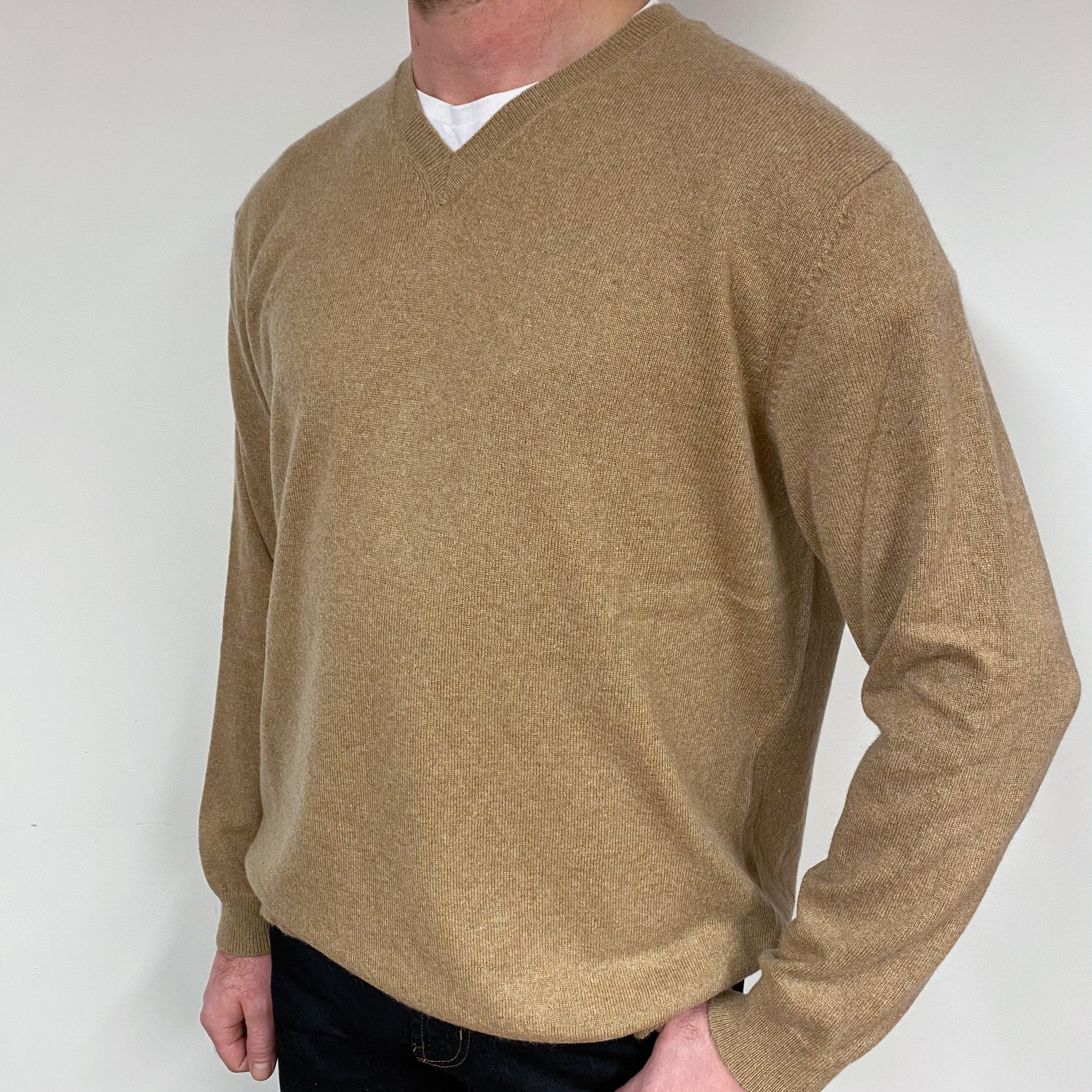 Men's Camel Brown Cashmere V-Neck Jumper XXLarge