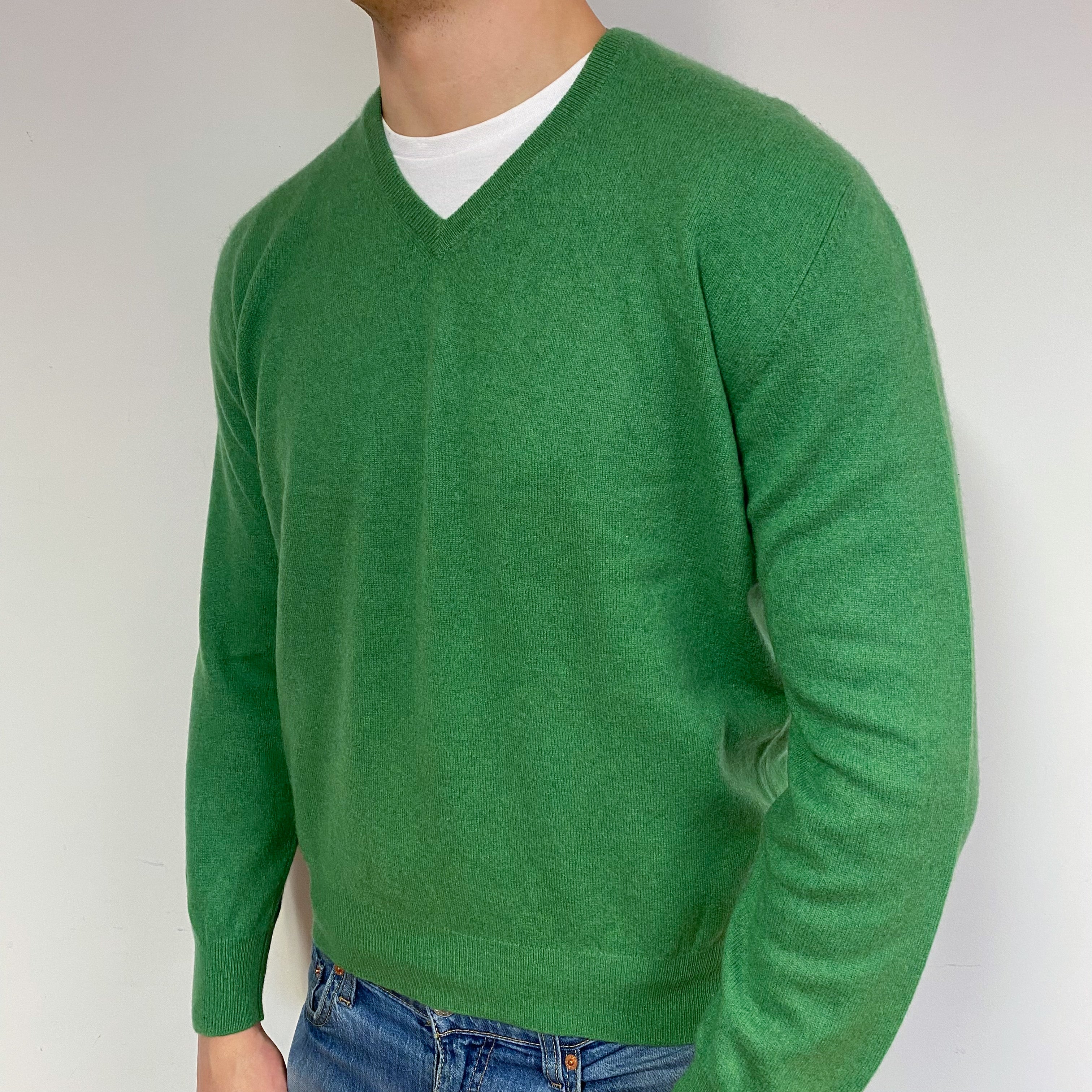 Men's Pear Green Cashmere V-Neck Jumper XL