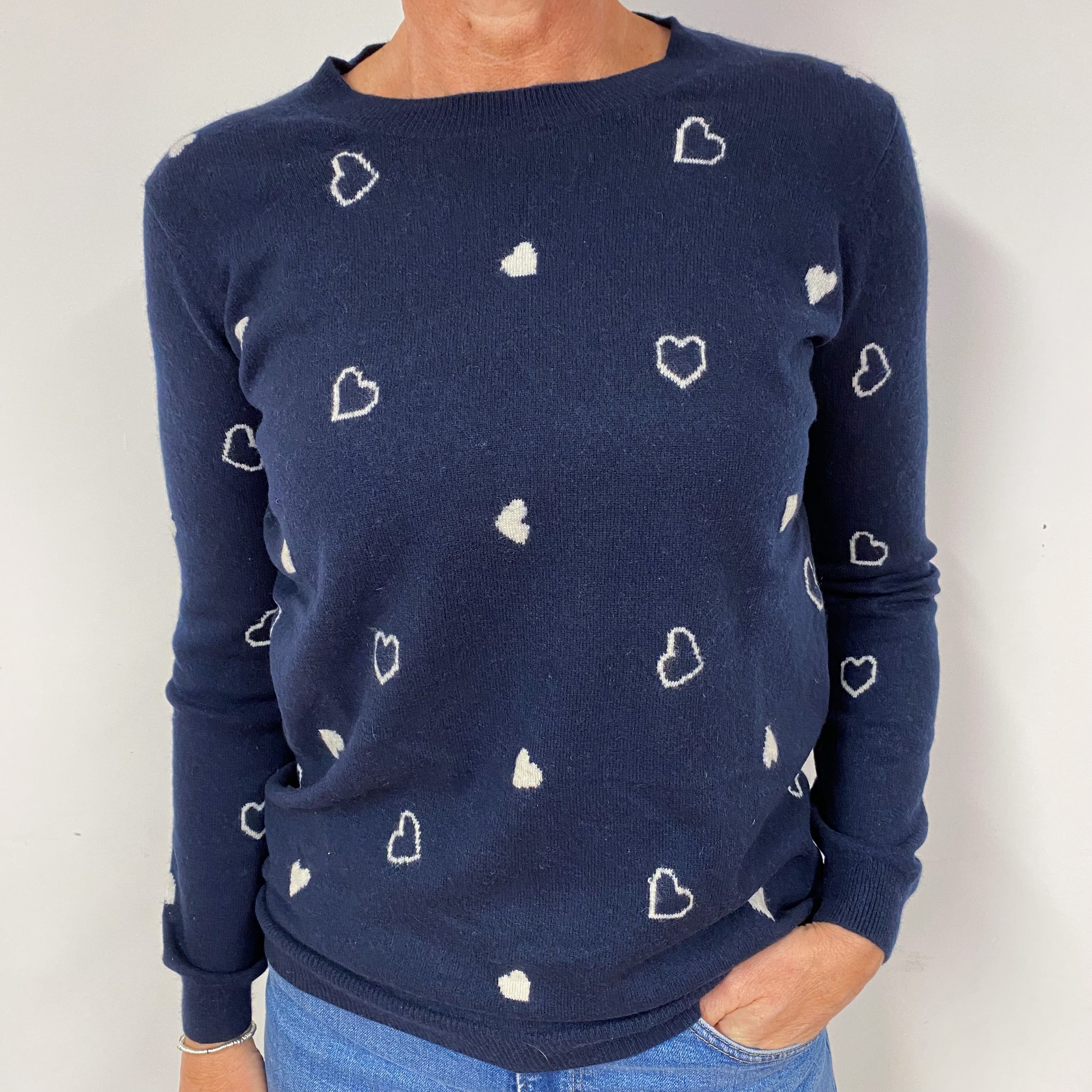 Navy and Ivory Heart Cashmere Crew Neck Jumper Medium