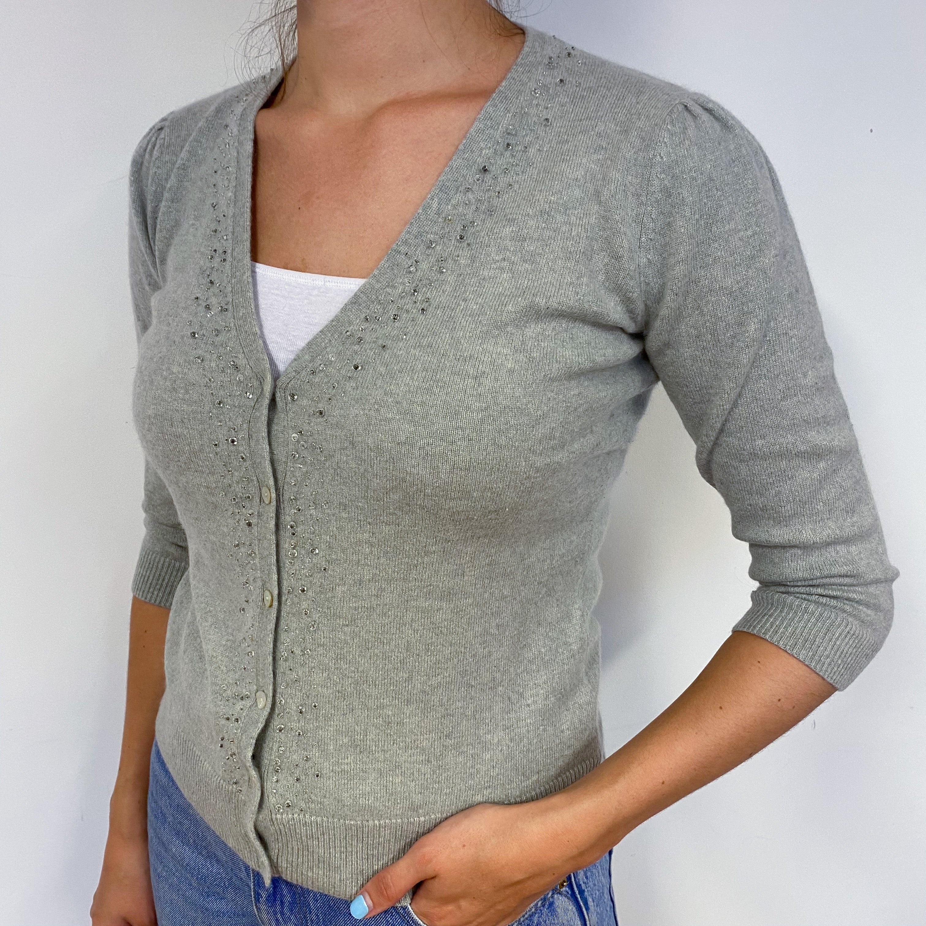 Smoke Grey Embellished Cashmere Cardigan