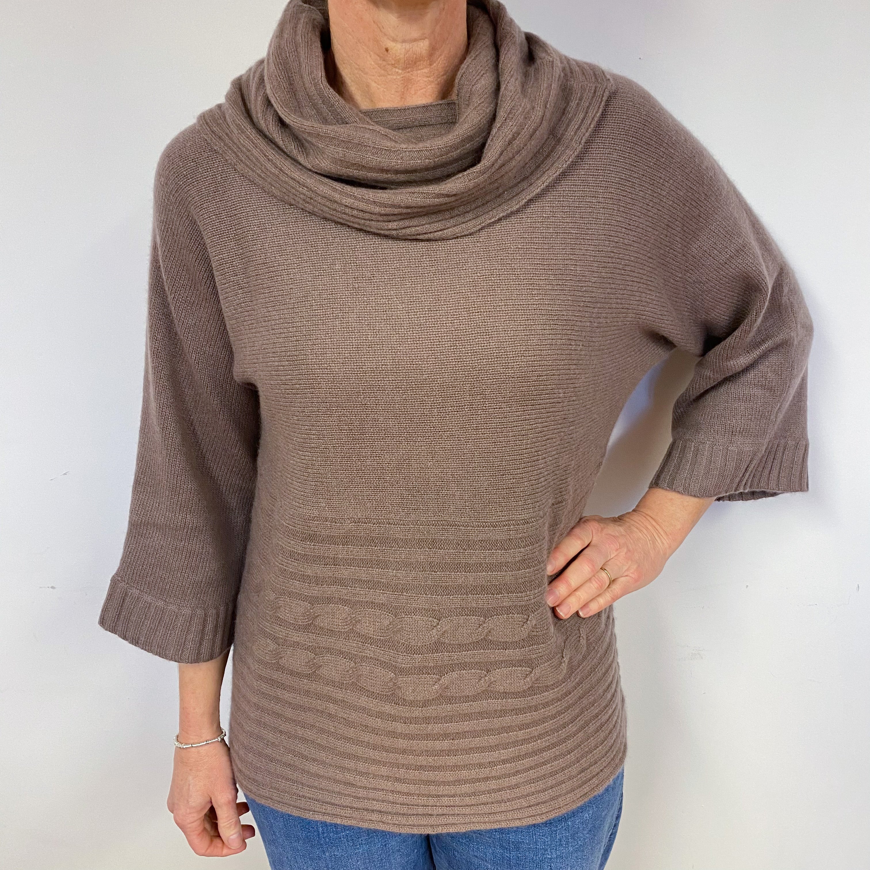 Mocha Brown Chunky Cashmere Cowl Neck Jumper Medium