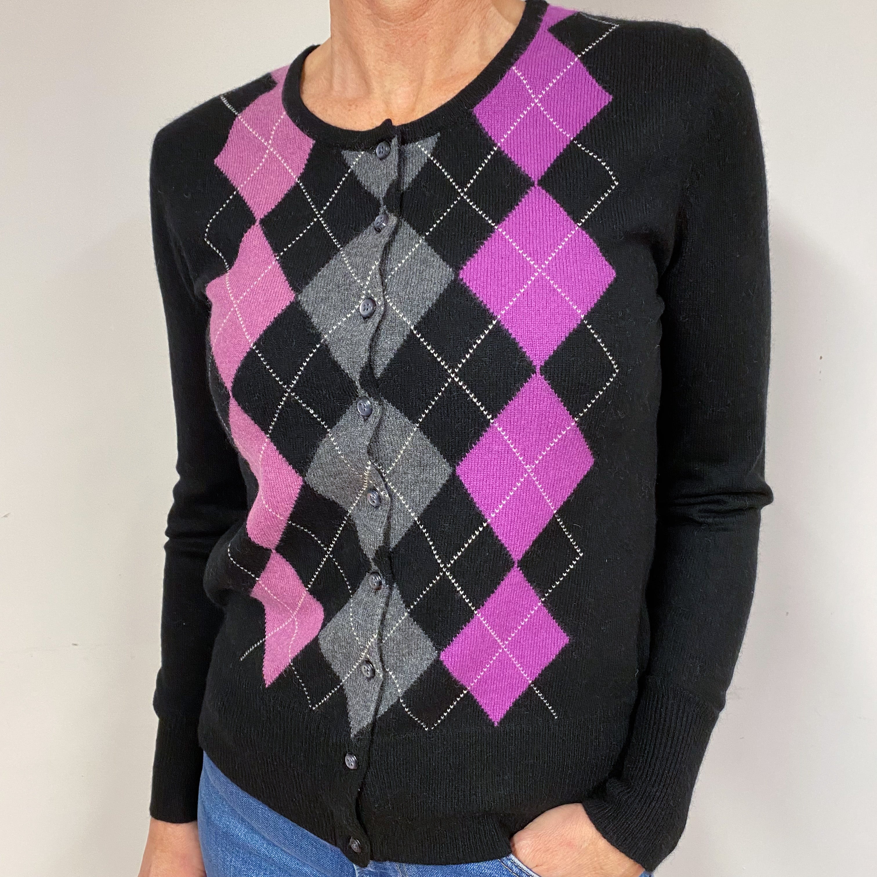 Black Magenta Diamond Cashmere Crew Neck Cardigan Medium