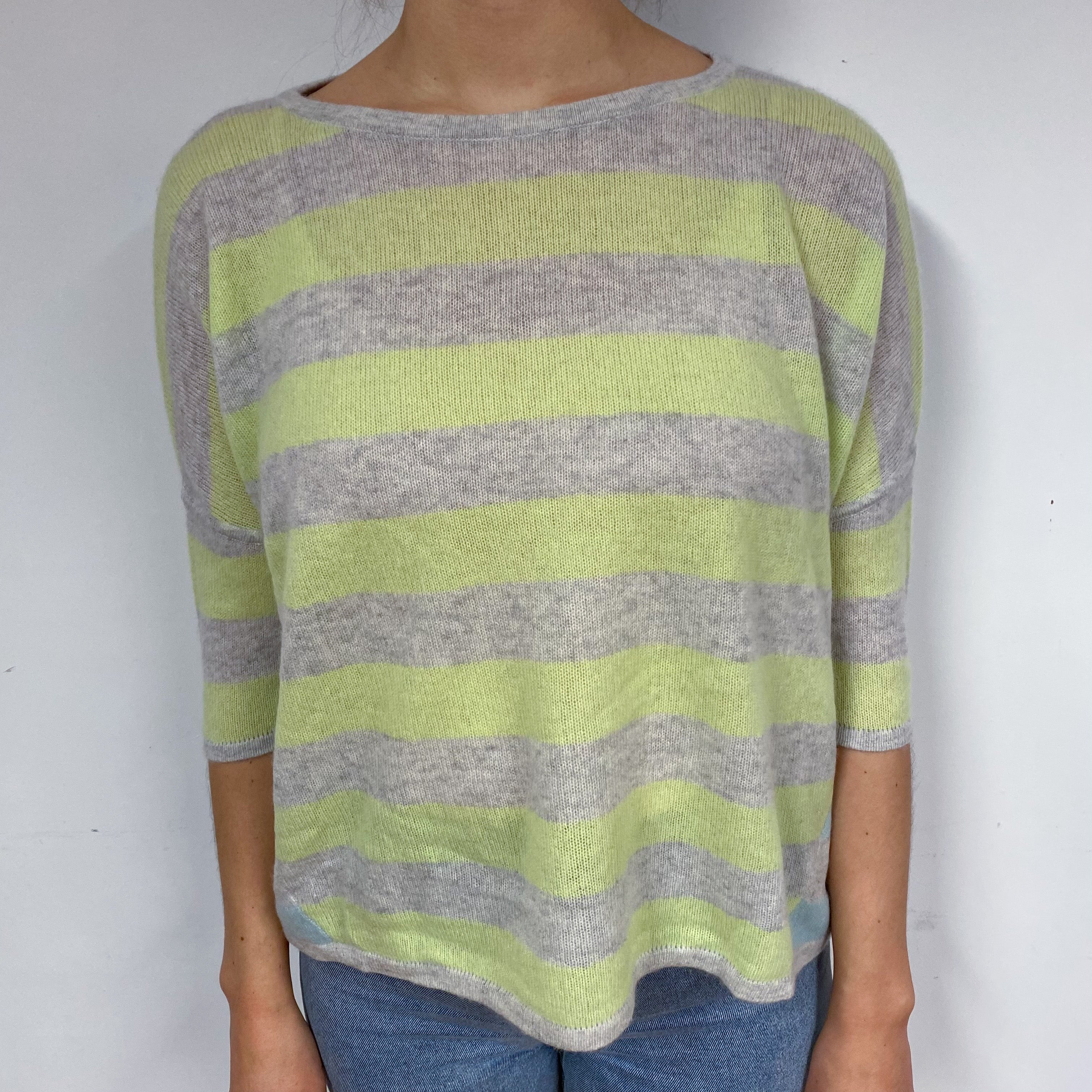 Lightweight Grey Striped Cashmere Crew Neck Jumper Small