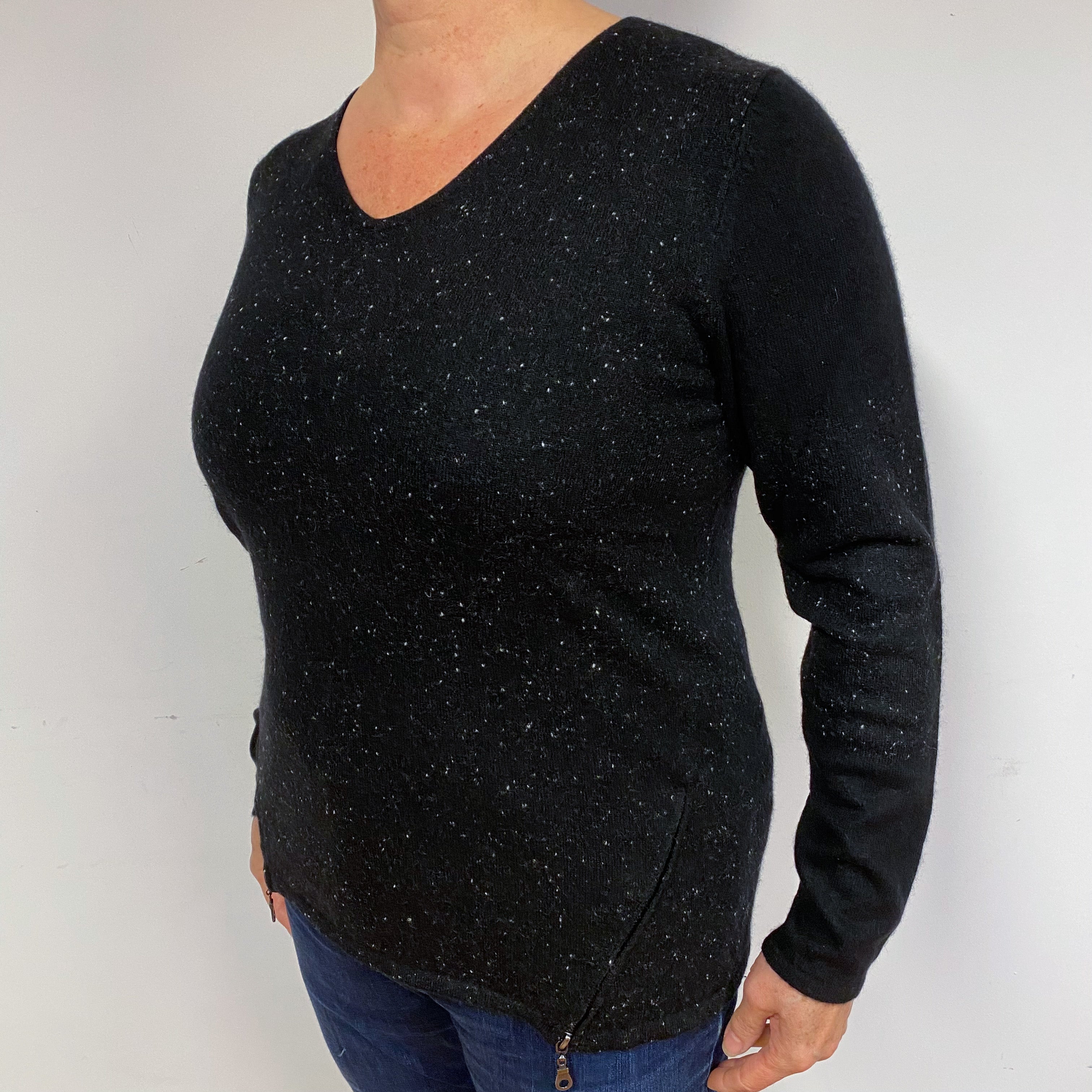 Longer Style Black Cashmere V-Neck Jumper Large