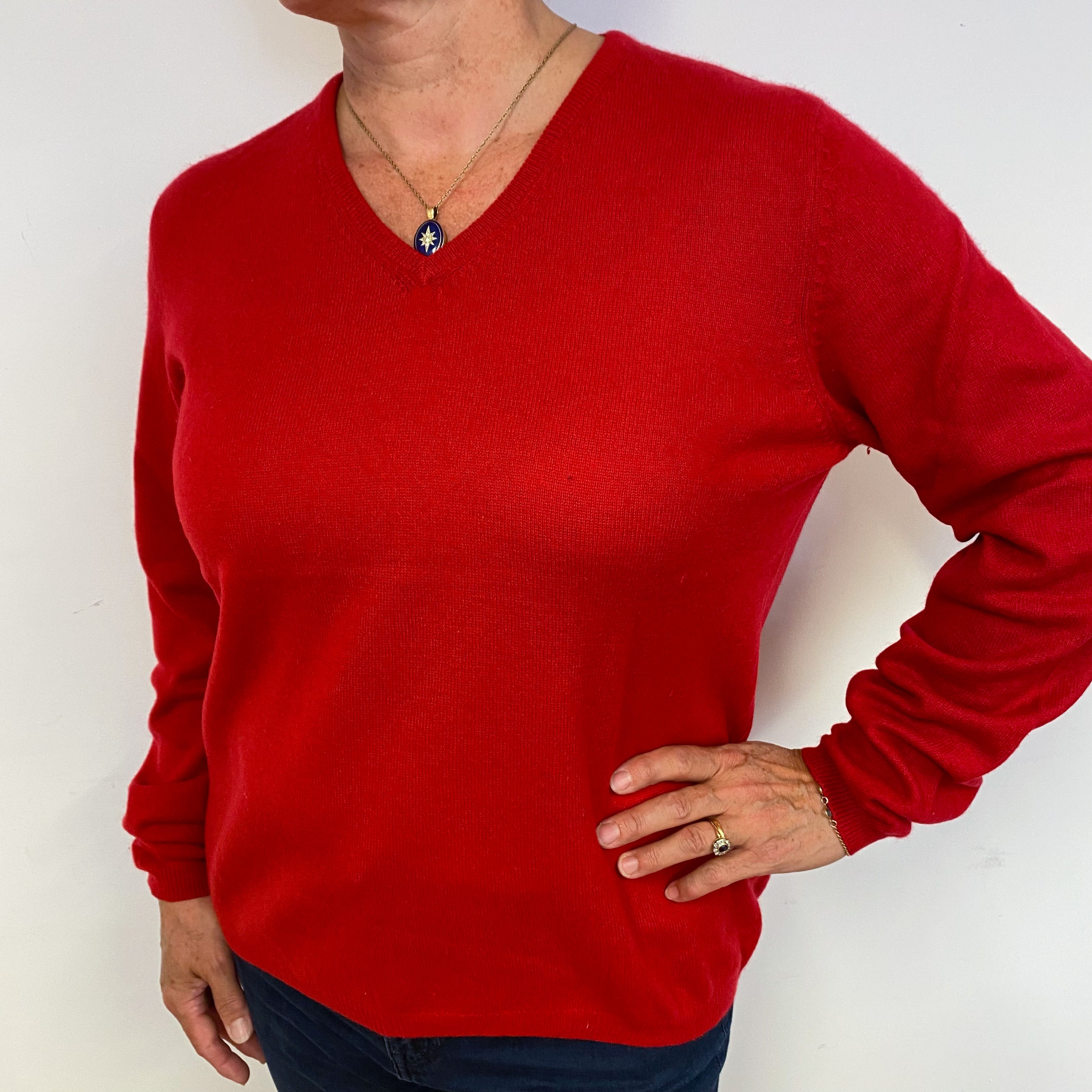 Post Box Red V Neck Cashmere Jumper