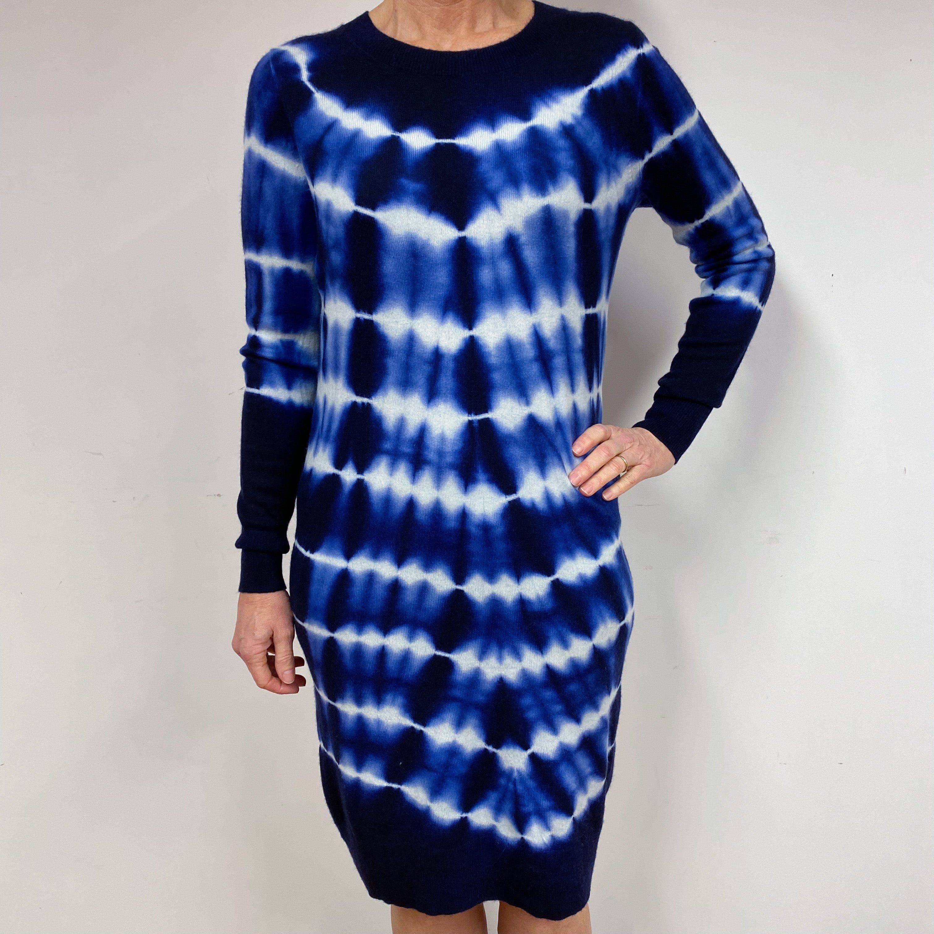 Blue Tie Dye Cashmere Crew Neck Dress Medium