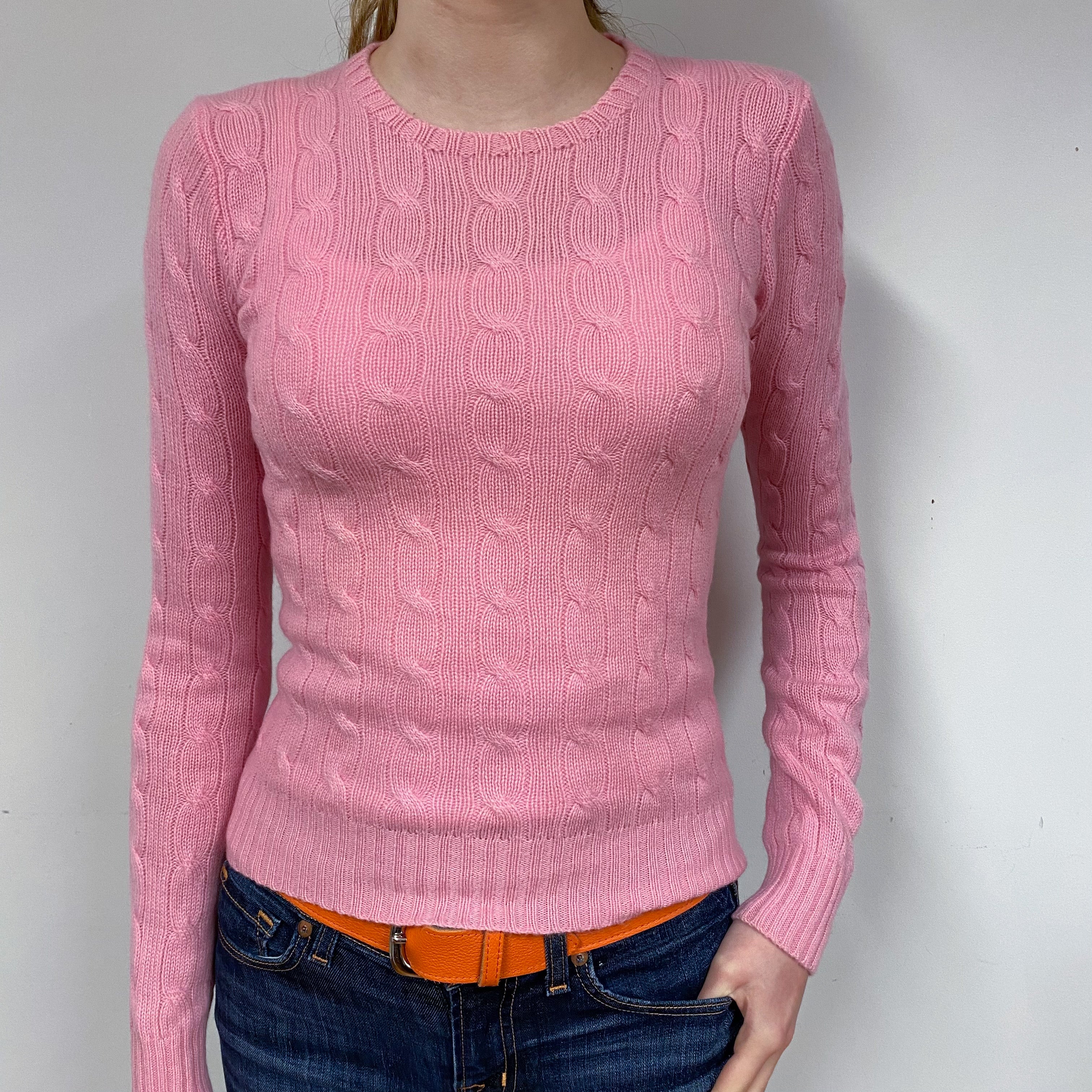 Candy Pink Cable Cashmere Crew Neck Jumper Extra Small