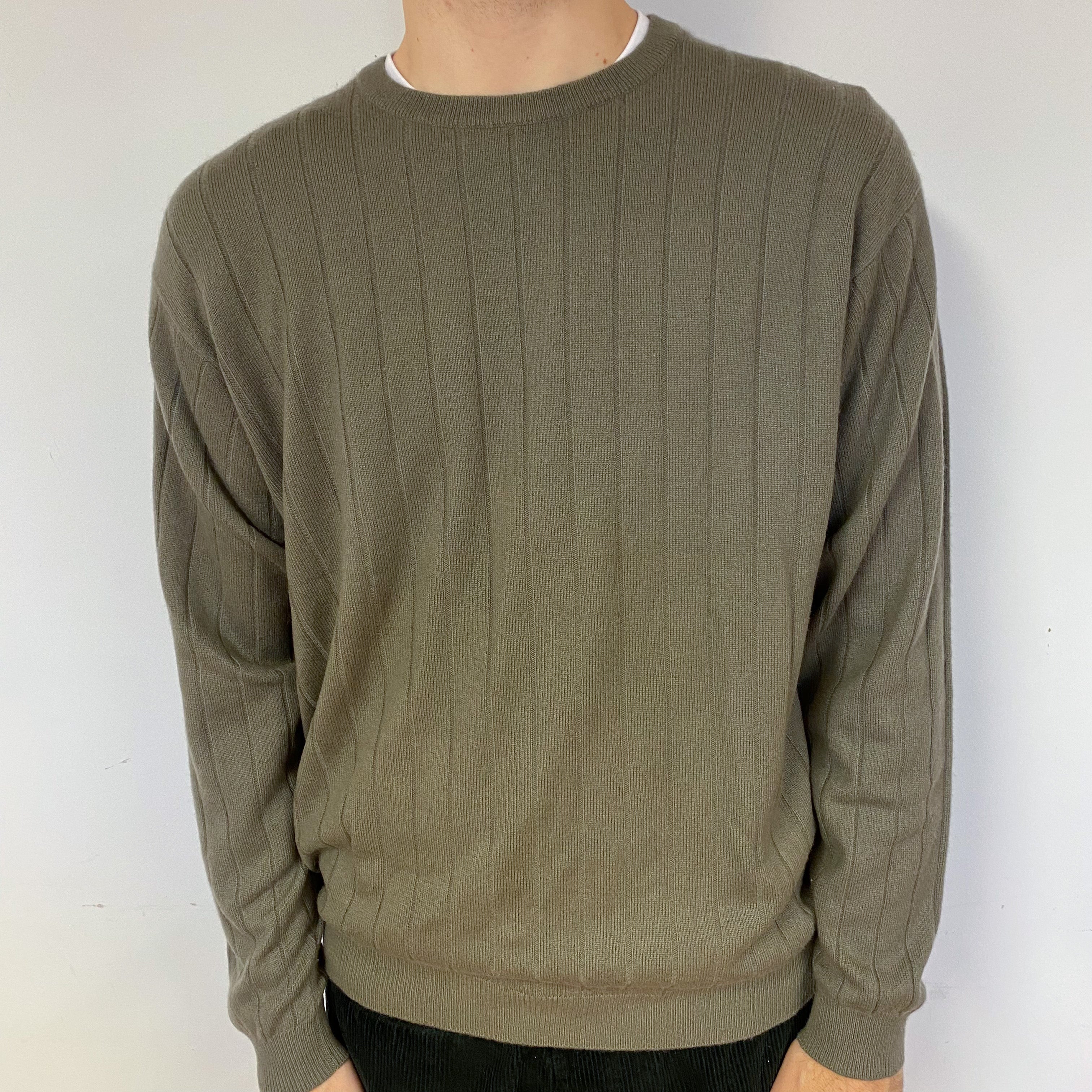 Men's Dark Taupe Brown Cashmere Ribbed Crew Neck Jumper Large